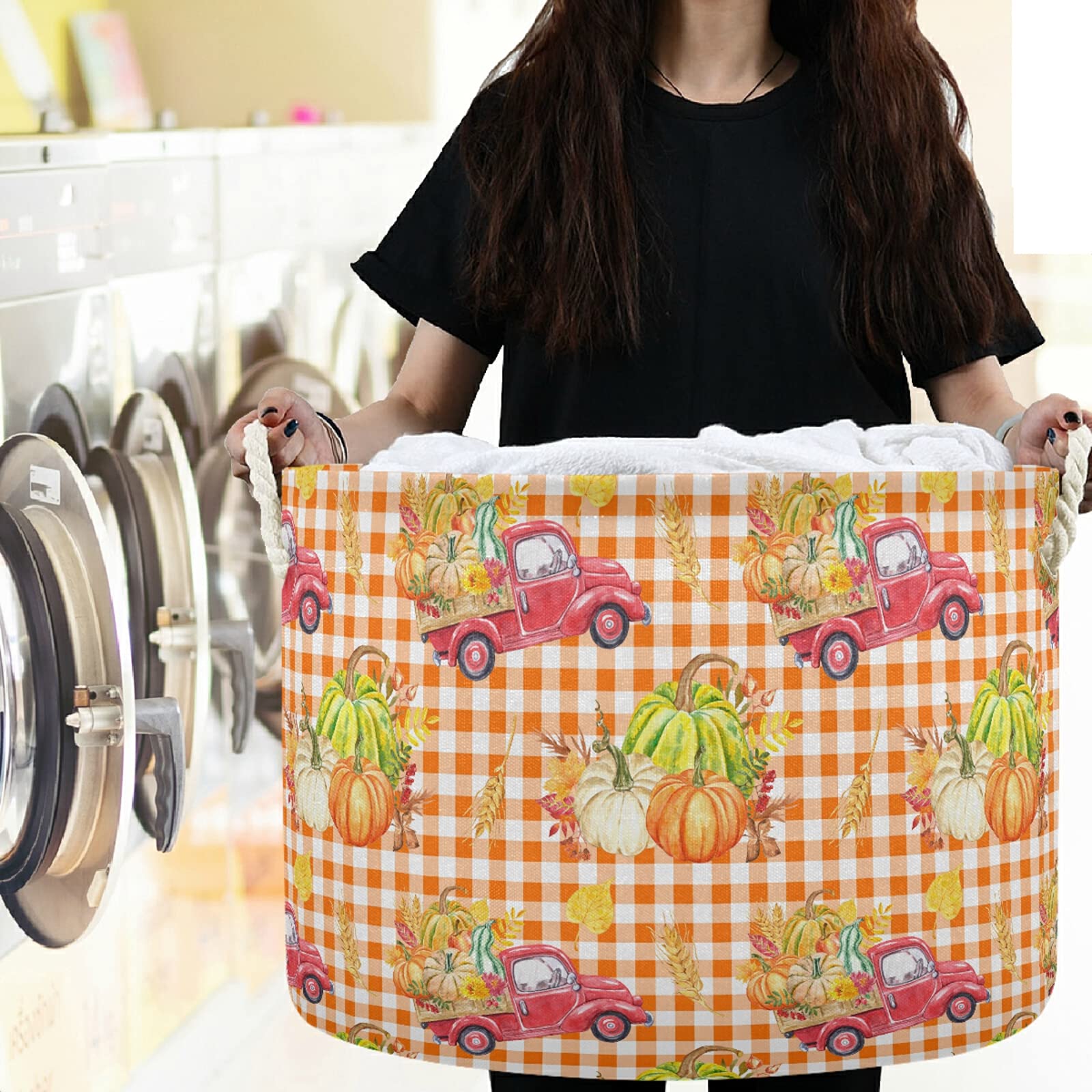 Visesunny Red Harvest Truck Print Collapsible Fabric Storage Basket - Autumn Seasonal Vegetable Pattern Laundry Bin for Clothes, Toys & Organizing - Perfect for Bathroom, Bedroom & Kids Room Storage Solutions