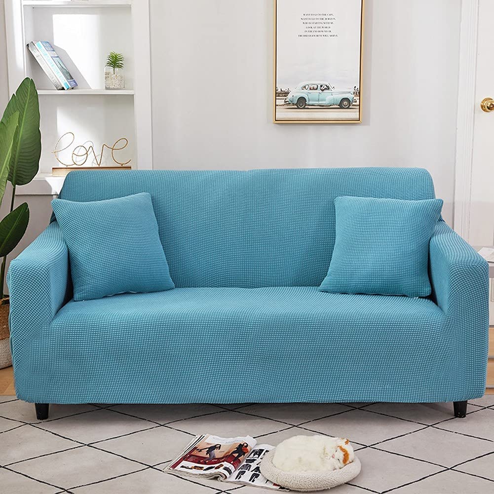 Premium Stretch Velvet Sofa Cover with 2 Pillow Cases - Soft Thick Fabric for 4-Seater Couches (235-300cm) in Light Blue - Perfect for Living Room Furniture Protection & Home Decor Upgrade