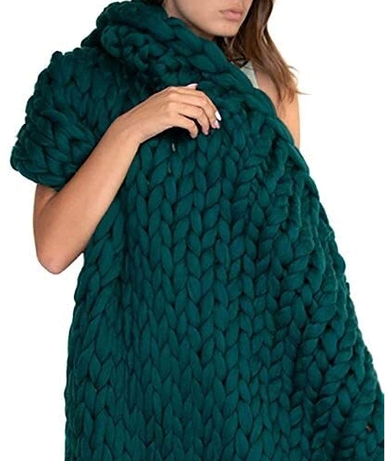 Chunky Merino Wool Blanket - Dark Green Soft Handmade Throw for Bed, Sofa & Nursery Decor