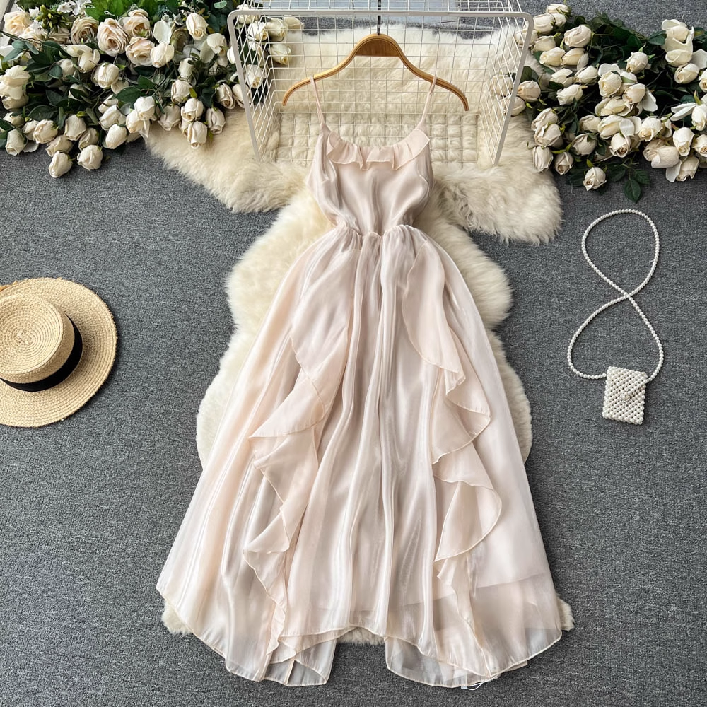 Elegant Ladies Summer Chiffon Dress with Ruffled Suspenders & Long Flowy Skirt - Fairy-Inspired Floral Maxi Dress for Beach, Wedding, or Casual Outings