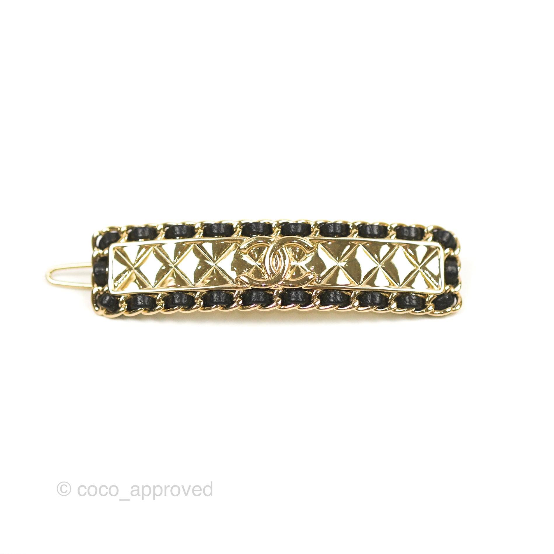 Chanel CC Logo Black Leather Hair Clip with Gold Tone - Elegant Hair Accessory for Women, Perfect for Parties, Weddings & Everyday Style