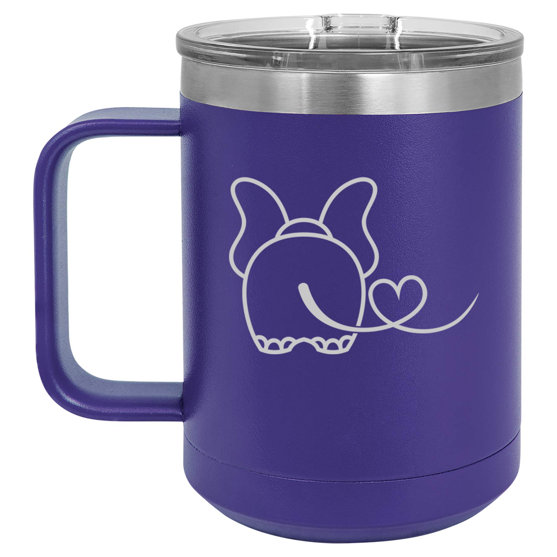 15 oz Vacuum Insulated Stainless Steel Tumbler with Handle & Lid - Elephant in Love Design (Purple) - Perfect for Coffee, Tea & Travel Mug