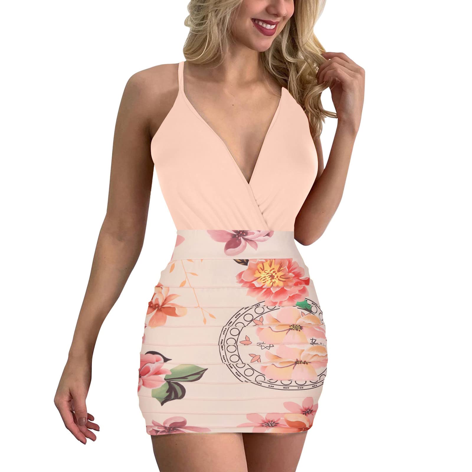 Women's Summer Two Piece Outfit - V-Neck Sleeveless Solid Jumpsuit with Floral Print Mini Skirt Set | Sexy Beachwear, Party Dress, Vacation Outfit