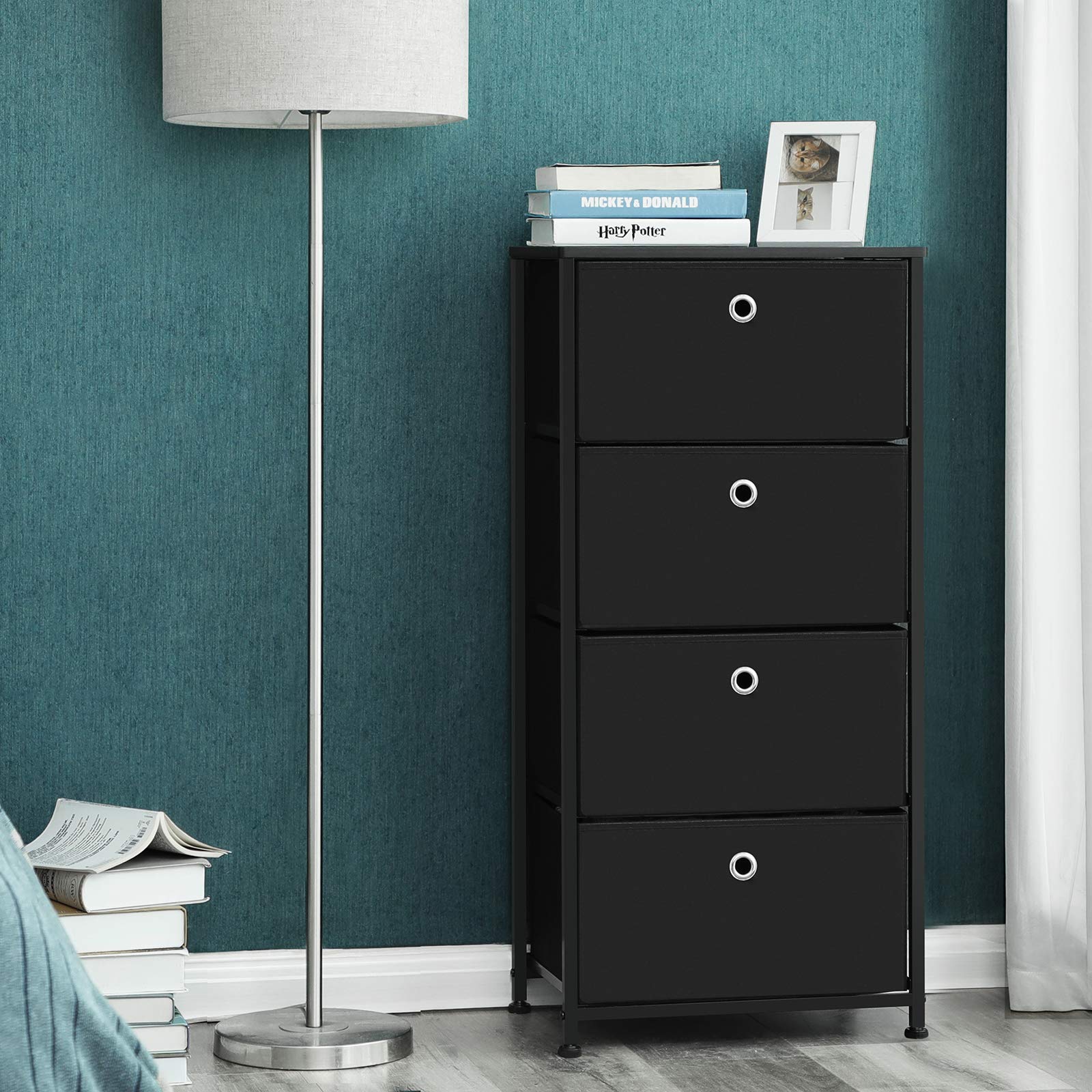 SONGMICS 4-Drawer Fabric Nightstand with Metal Frame & Wooden Tabletop - Bedside Storage Organizer for Living Room, Bedroom, Closet & Nursery - Black ULTS04H | Perfect for Small Spaces & Modern Home Decor