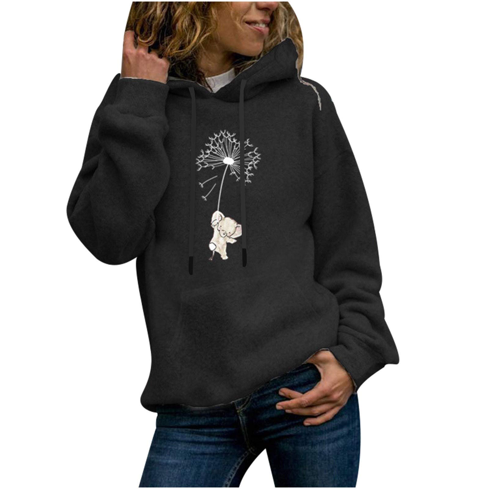 Women's Casual Long Sleeve Hooded Sweatshirt - Plus Size Pullover with Dandelion Animal Print | Cute & Cozy Fall Outfit for Streetwear, Lounge & Outdoor Activities