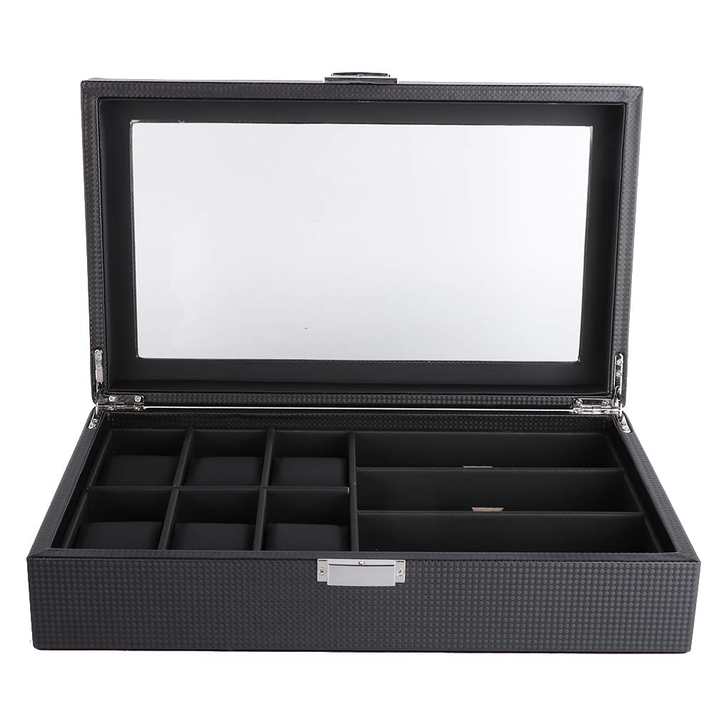 Black PU 6-Slot Eyeglass & 3-Slot Watch Storage Organizer Case - Sunglasses & Watch Display Box for Men & Women - Perfect for Home, Office & Travel Organization