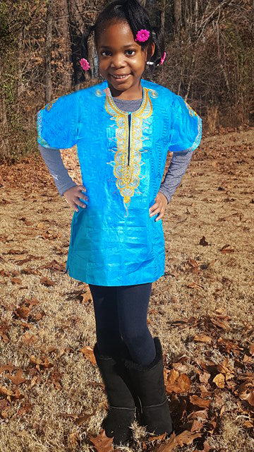 Stylish Turquoise and Gold Dashiki for Girls & Boys - African Print Traditional Outfit for Parties, Weddings, and Cultural Events