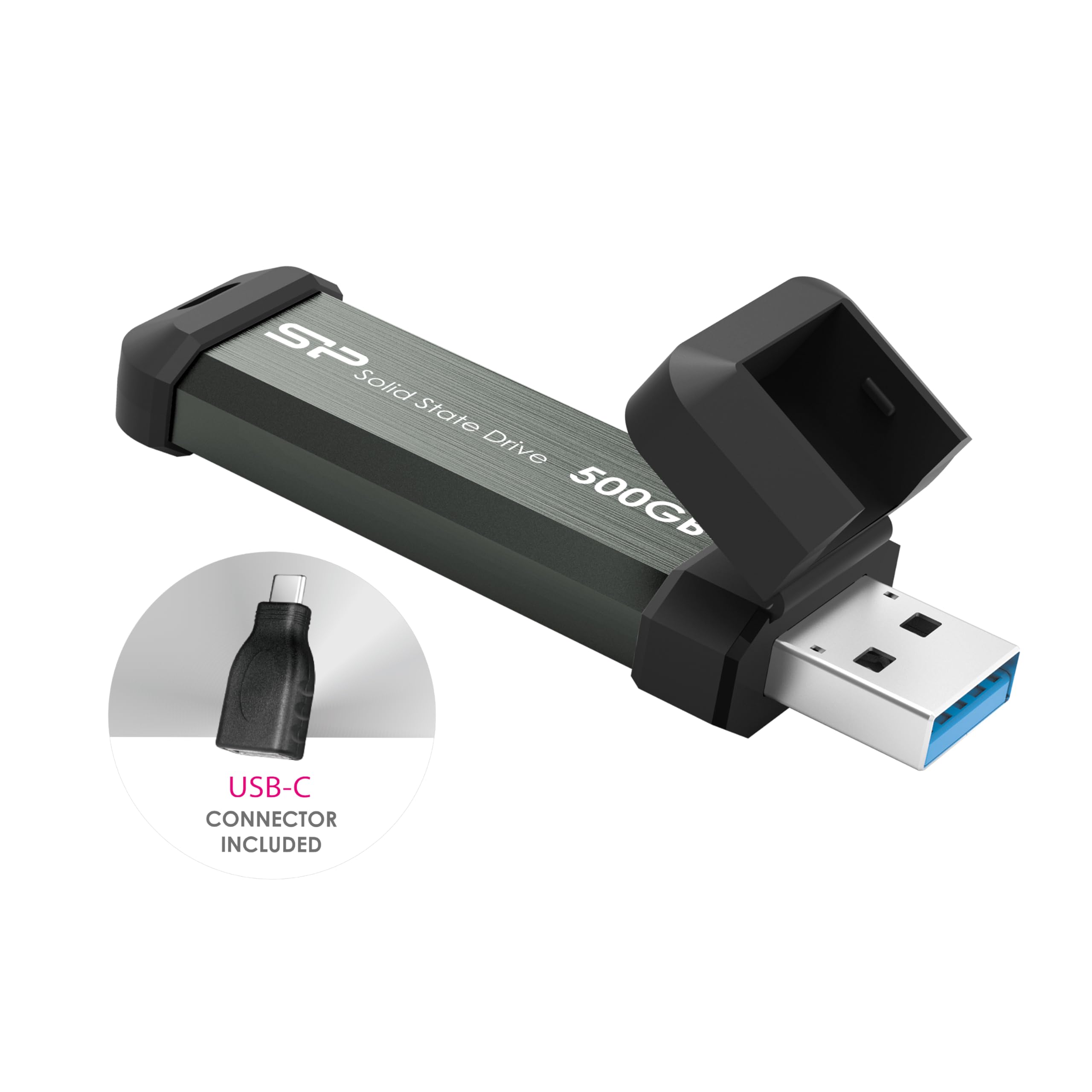 Silicon Power 500GB MS70 High-Speed Portable External SSD - USB 3.2 Gen 2 (10Gbps) with Type-C Adapter - Perfect for Gaming, Photography & File Backup