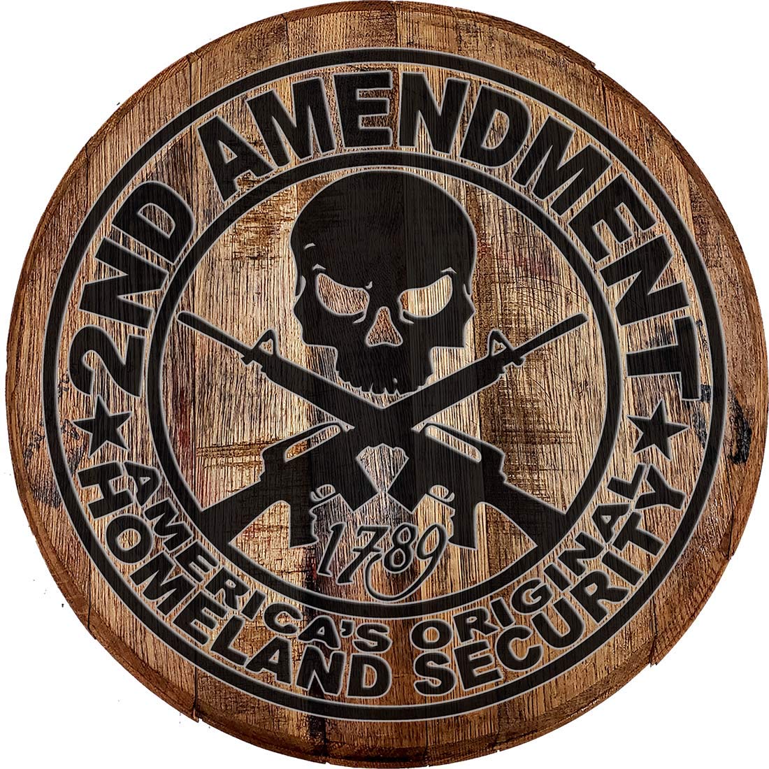 Whiskey Barrel Head 2nd Amendment Wall Decor - Rustic American Flag Bar Sign for Man Cave, Home Bar & Pub - Patriotic Room Accessories for Whiskey Lovers & Gun Enthusiasts