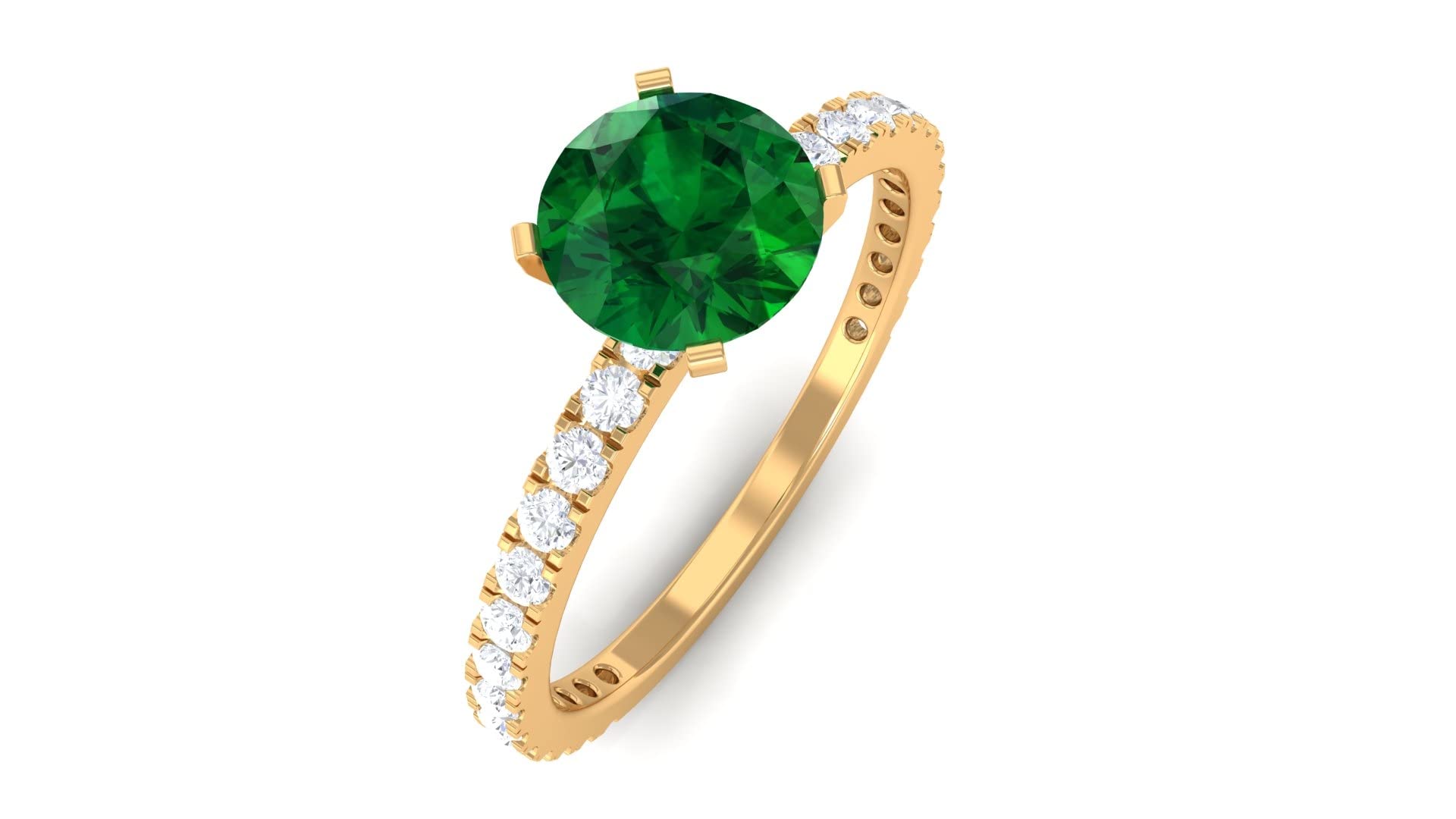 14K Solid Gold Created Emerald Solitaire Ring with Moissanite - 6mm Round Cut Lab-Grown Emerald Ring for Women - Perfect for Engagement, Anniversary & Special Occasion Gifts
