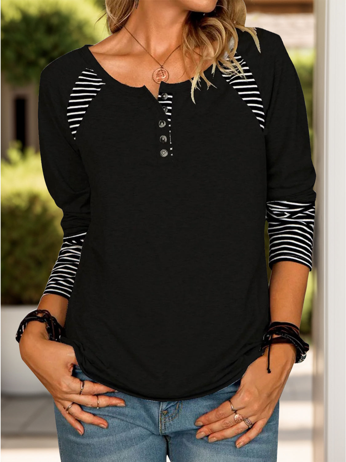 Men's Full Size Striped Quarter Button Long Sleeve T-Shirt - Casual Comfort Wear for Everyday Outfits & Layering