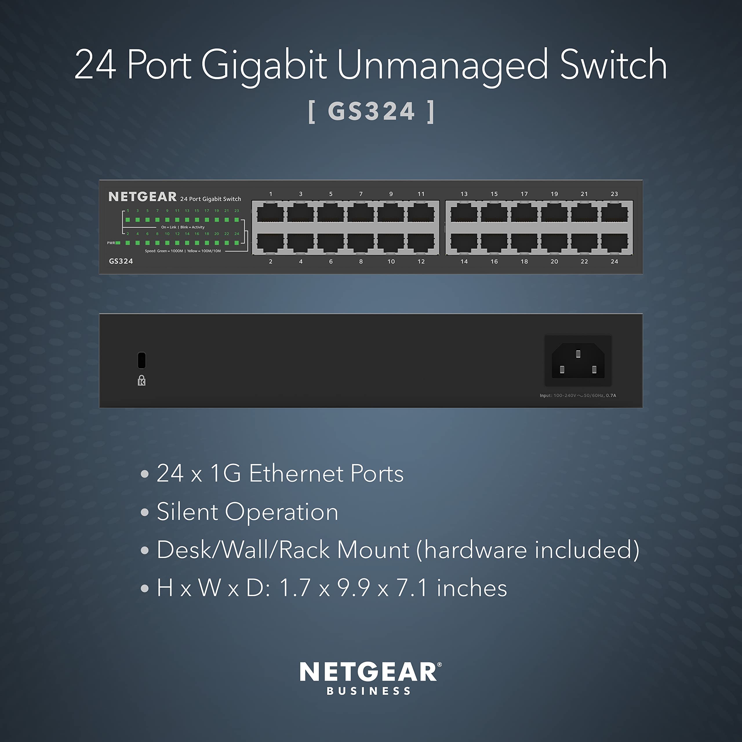 NETGEAR GS324 24-Port Gigabit Ethernet Unmanaged Switch | Plug & Play | Desktop/Wall/Rack Mount | Silent Operation | Ideal for Home Office & Small Business Networks