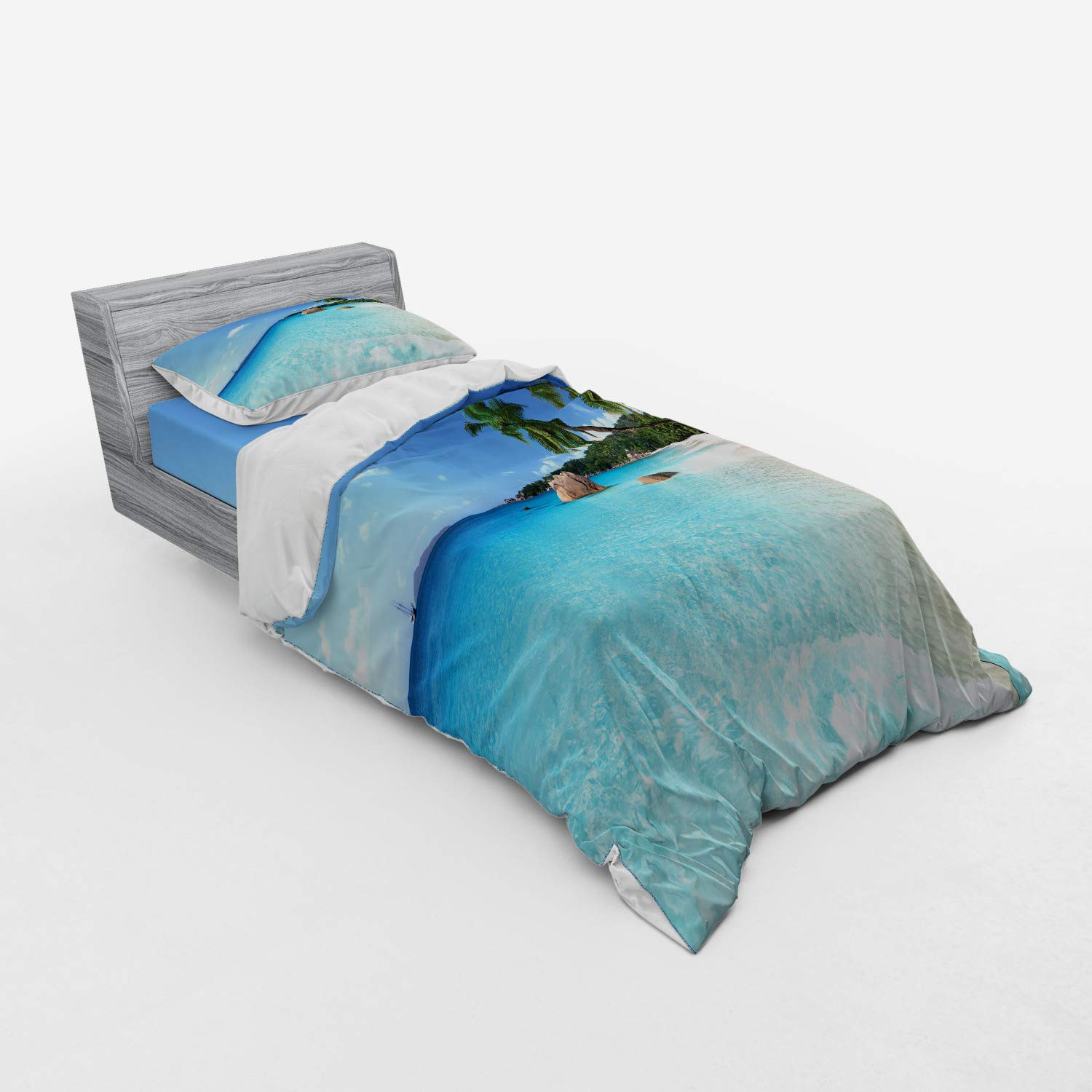 Ambesonne Ocean Themed 3-Piece Duvet Cover Set - Twin XL Size, Turquoise Blue Green Beach Design with Fitted Sheet & Sham | Coastal Bedroom Decor for Guest Rooms, Vacation Homes & Beach House Retreats