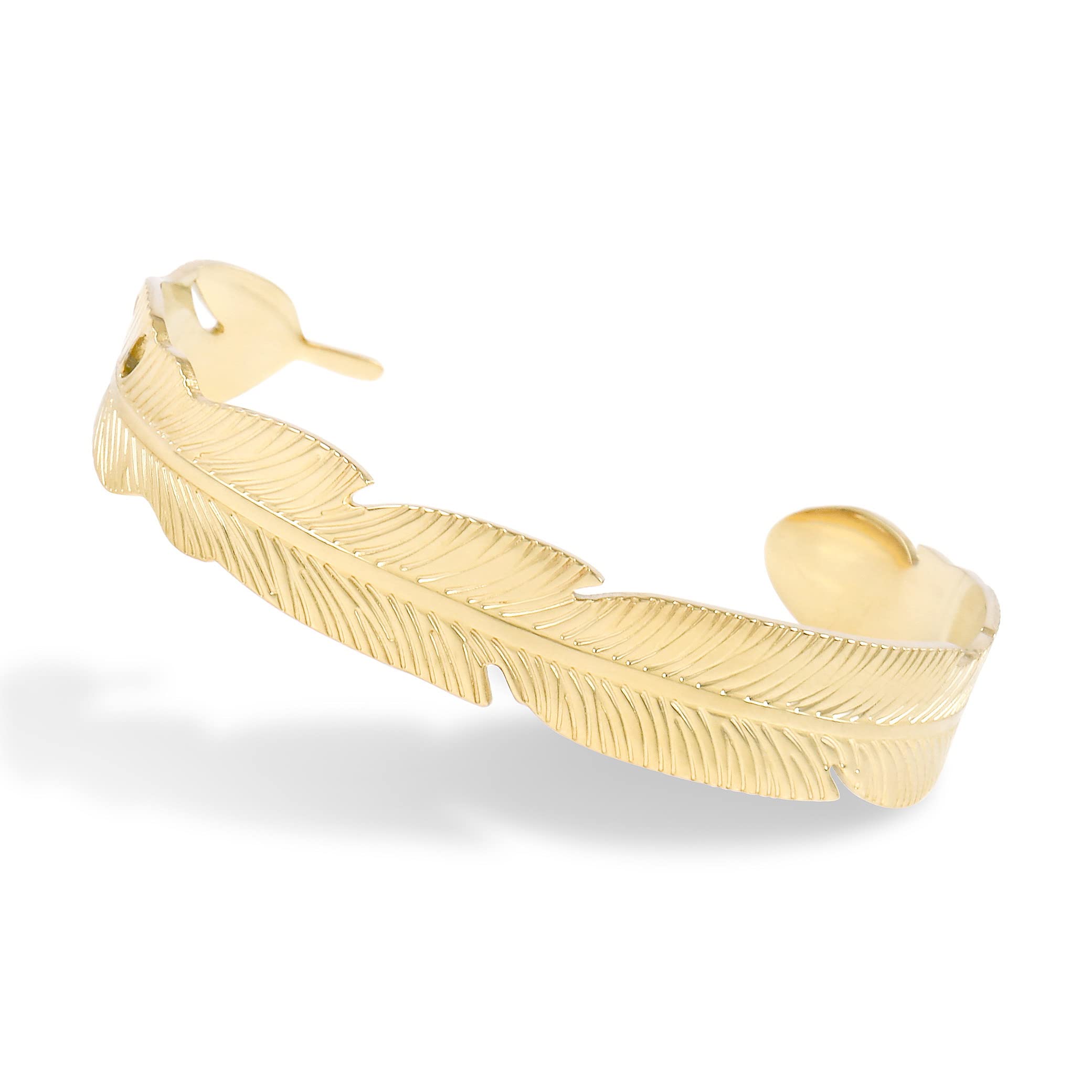 14K Gold Plated Cuff Bangle Bracelet for Women & Men - Stainless Steel Olive Leaf Feather Open Cuff Jewelry - Perfect for Weddings, Parties & Everyday Wear