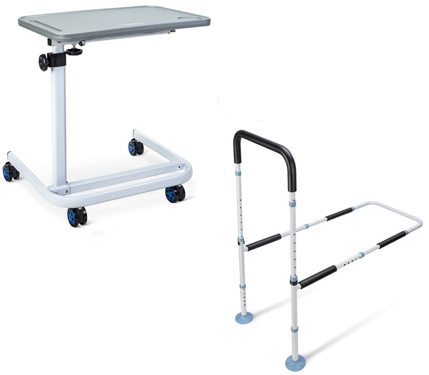 OasisSpace Adjustable Bed Rail for Seniors & Rolling Overbed Table - Safety Support for Elderly Care, Hospital & Home Use - Ideal for Meals, Reading, and Recovery in Bed