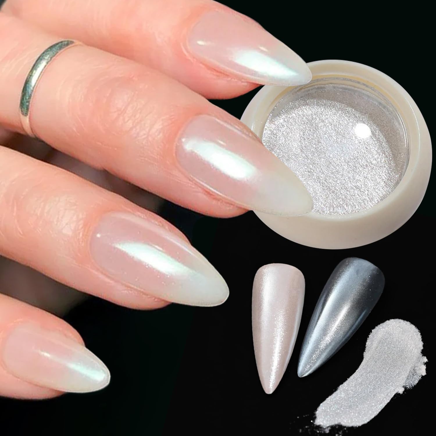 Magic White Pearl Chrome Nail Powder - Holographic Glitter Manicure Pigment for Shell Nails Art | DIY Aurora Moonlight Nail Design with Free Tools | Perfect for Salon, Home Manicure & Special Occasions