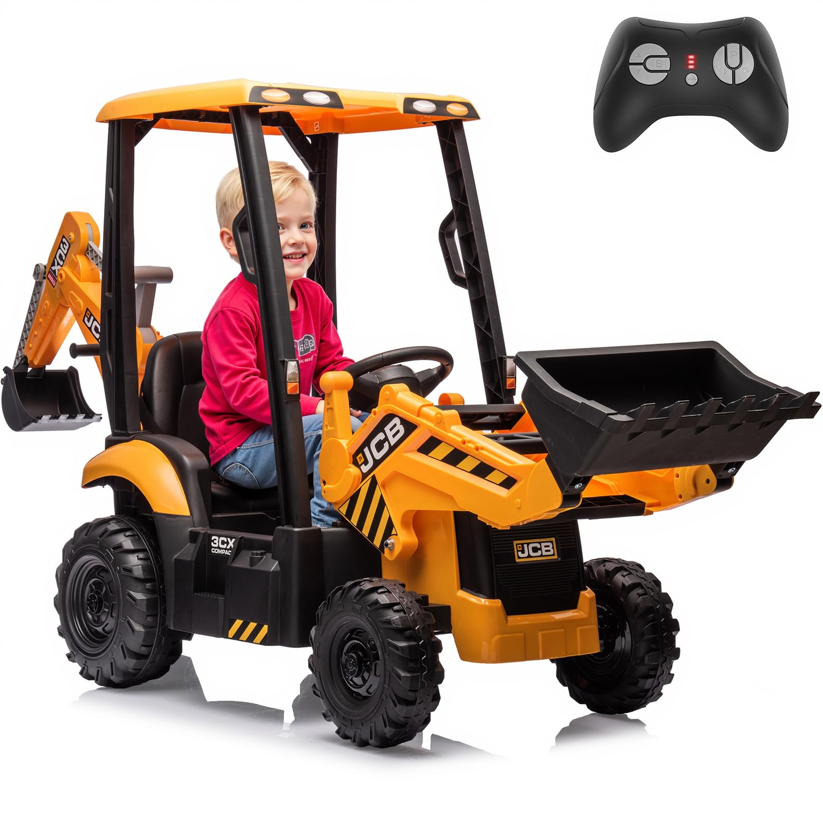 **12V JCB Ride-On Excavator Toy for Kids Ages 4-8 – Electric Construction Vehicle with Tractor, Bulldozer, Digging Arm & Backhoe – Slow Start/Stop & Adjustable Speeds (Yellow with Roof) – Perfect for Outdoor Play, Birthday Gifts & Pretend Construction Fun**