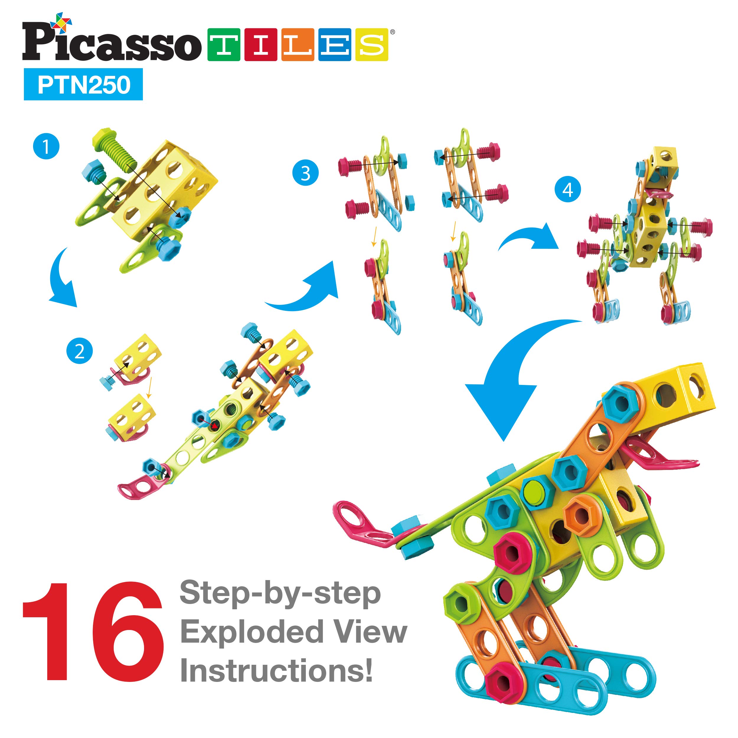 PicassoTiles 250 Piece STEM Building Blocks for Kids - Construction Engineering Learning Toys with Power Drill, Clickable Ratchet & Free Idea Book - Educational Playset for Ages 3+ (PTN250) | Perfect for Classroom STEM Activities, Birthday Gifts & Creative Playtime