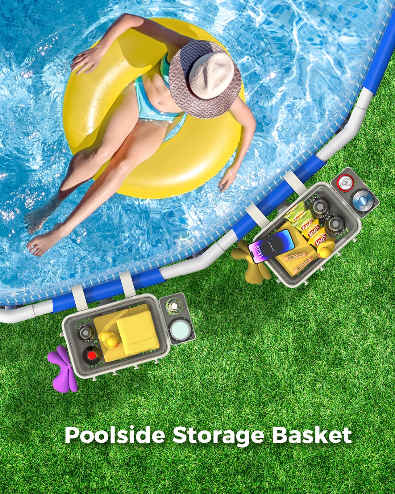 2-Pack Off White Poolside Storage Basket with Cup Holder, Mesh Bag & Support Bar - Durable Above Ground Pool Accessories for Swimming Pools | Perfect for Organizing Pool Toys, Drinks & Essentials by the Poolside