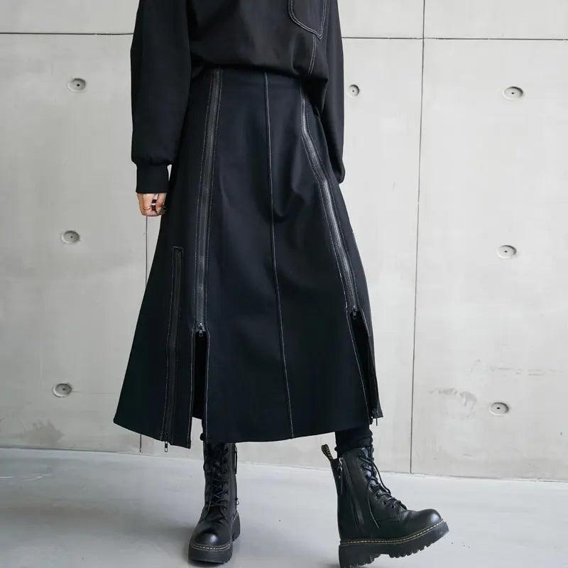 Women's Black Cotton A-Line Skirt with Front Zip Slit - Stylish Paneled Design for Work, Date Night & Casual Outings