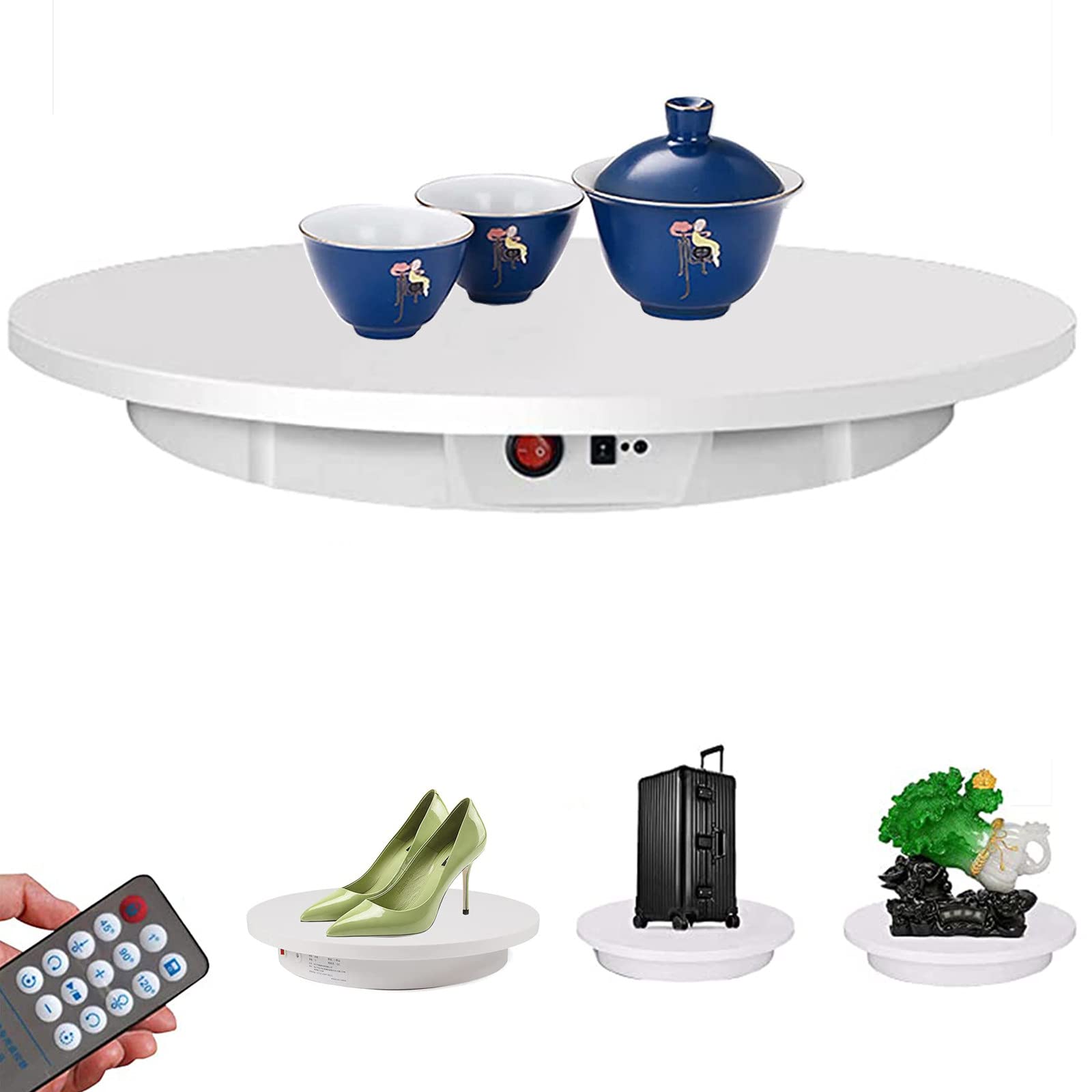 XYEJL 360 Degree Electric Rotating Turntable Display Stand - Automatic Revolving Platform with Remote Control for Product Photography, Jewelry Display, Cake Decorating & 360° Showcase - White
