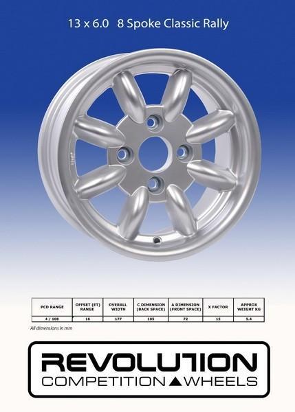 Revolution 13x6.0 8-Spoke Alloy Wheels - Escort Group 4 Silver ET16 - Lightweight Performance Rims for Racing, Drifting & Street Cars