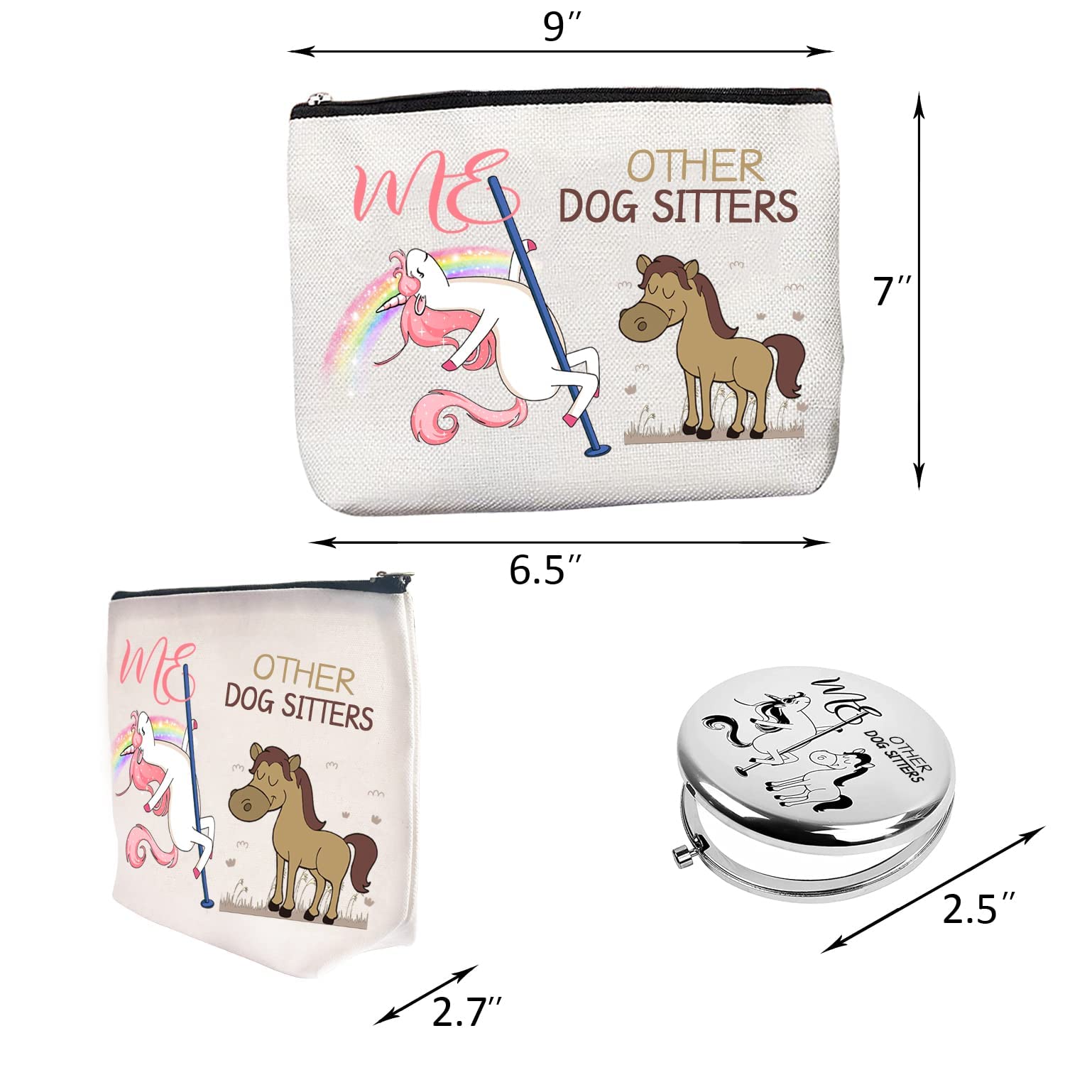 Dog Sitter Gift Set - Cute Zipper Makeup Bag, Travel Toiletry Pouch & Compact Mirror | Perfect Thank You Gift for Pet Caregivers | Great for Dog Walking, Pet Sitting & Grooming Professionals