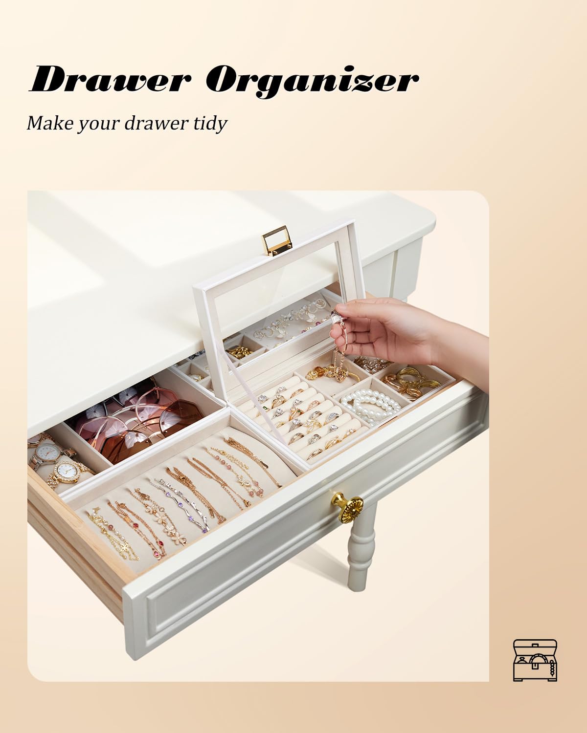 Homde Stackable Jewelry Organizer Box with Glass Lid & Removable Dividers - White Jewelry Tray for Necklaces, Rings, Earrings - Perfect Vanity Table Storage & Gift for Women and Girls