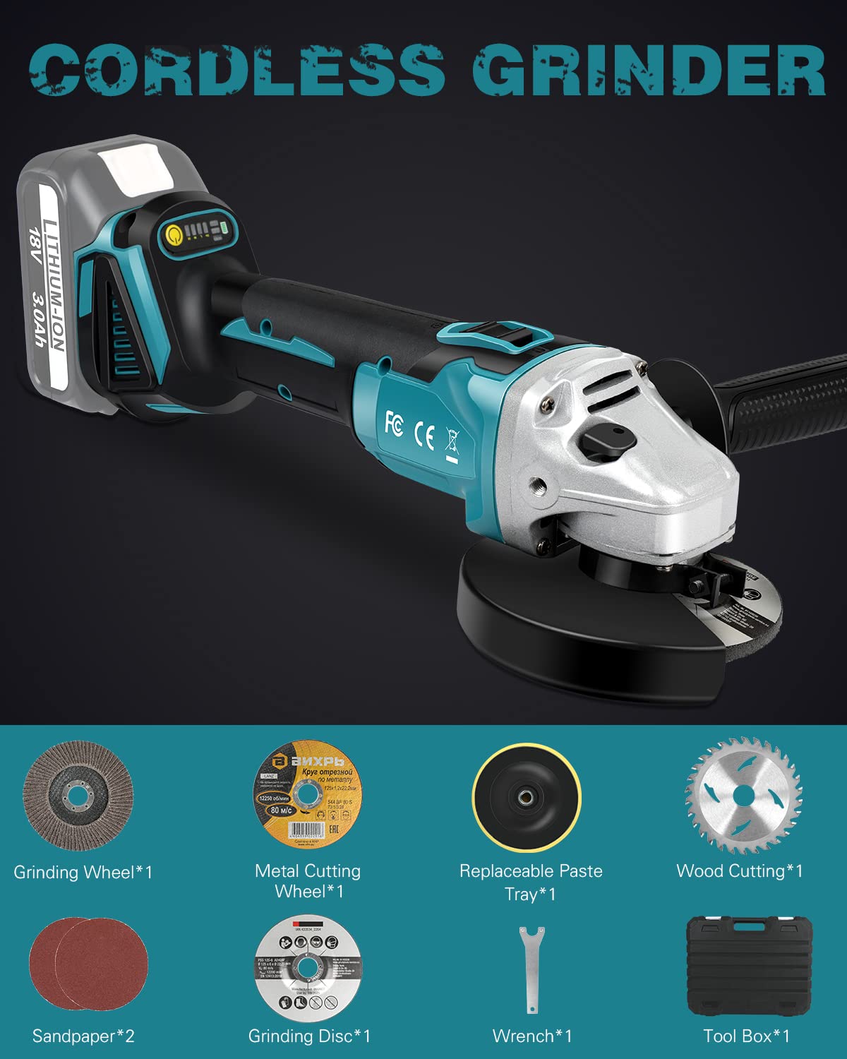 18V Brushless Cordless Angle Grinder Power Tool Kit - No Battery (Compatible with 18V Batteries) with Handle, Grinding Wheel, Cutting Wheel, Flap Disc & Carving Disc - Perfect for Metal Cutting, Grinding, Polishing & DIY Projects