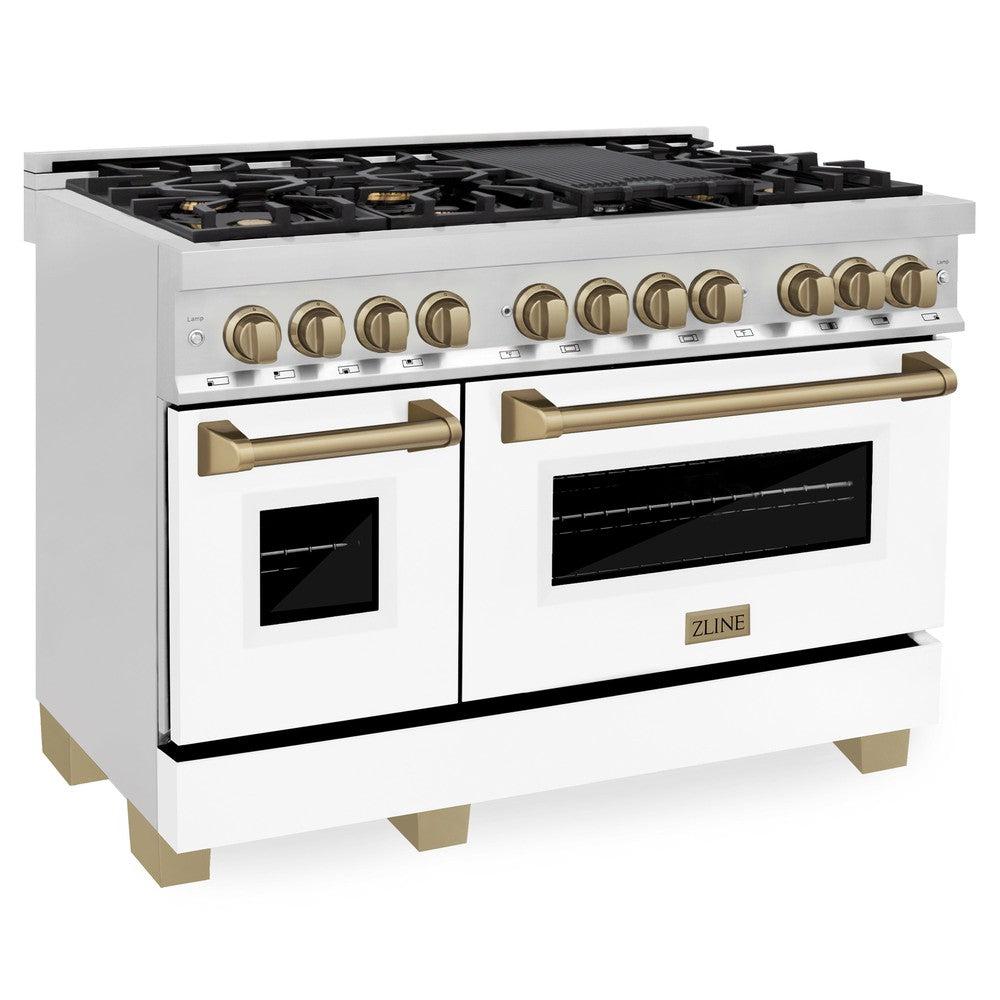 ZLINE Autograph Edition 48-inch Stainless Steel Dual Fuel Range with White Matte Door & Range Hood - Champagne Bronze Accents (2AKP RAWMRH48 CB) | Professional Kitchen Package for Modern Homes & Gourmet Cooking