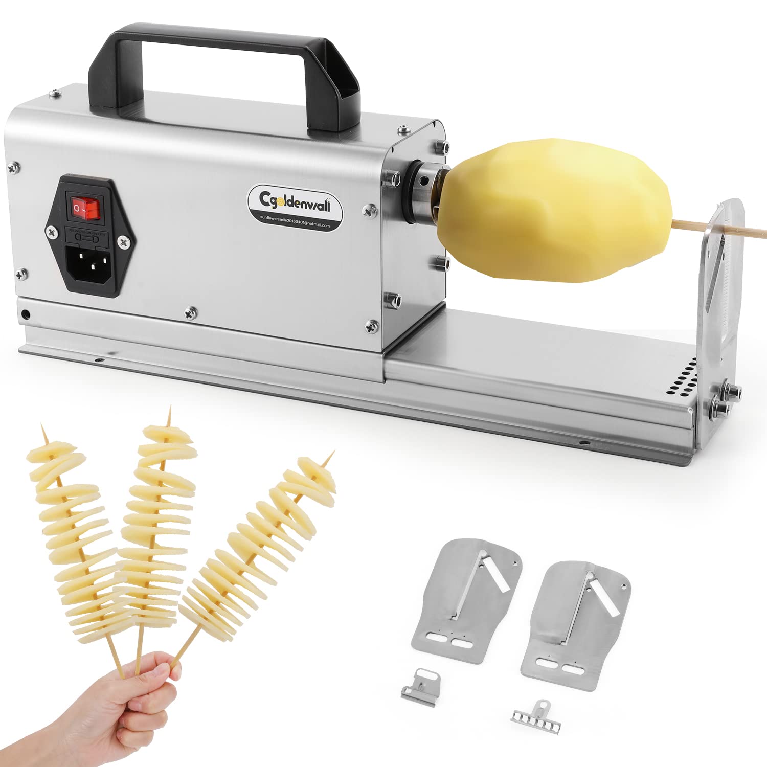 CGOLDENWALL 3-in-1 Electric Tornado Potato Slicer | Spiral Potato Cutter & Twisted Vegetable Slicer | Stainless Steel Vegetable Cutting Machine with Handle (110V) | Perfect for French Fries, Veggie Chips & Party Snacks