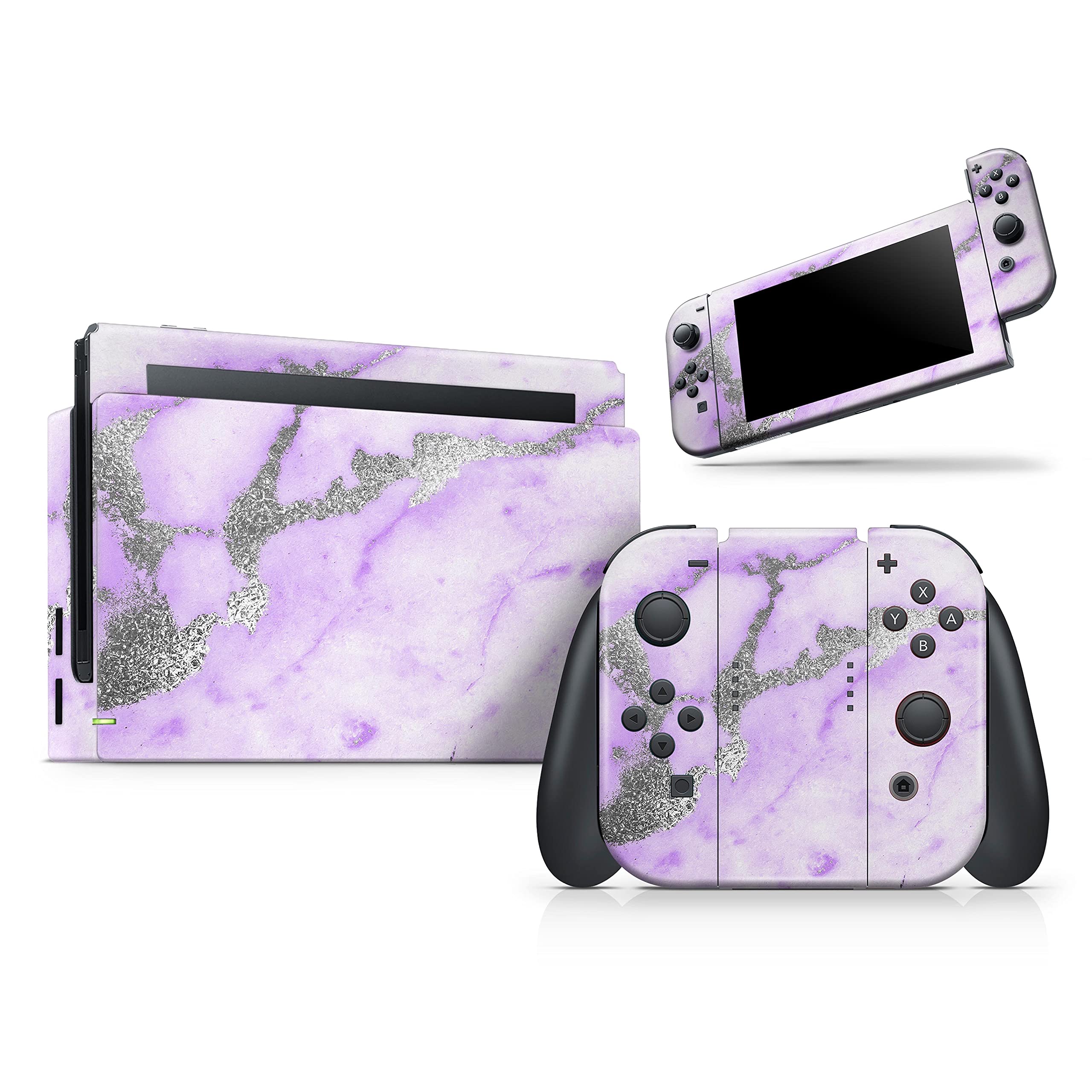 Nintendo Switch Lite Skin Decal - Scratch-Resistant Removable Vinyl Wrap Cover - Purple Marble & Digital Silver Foil V3 - Perfect for Gaming Protection & Customization