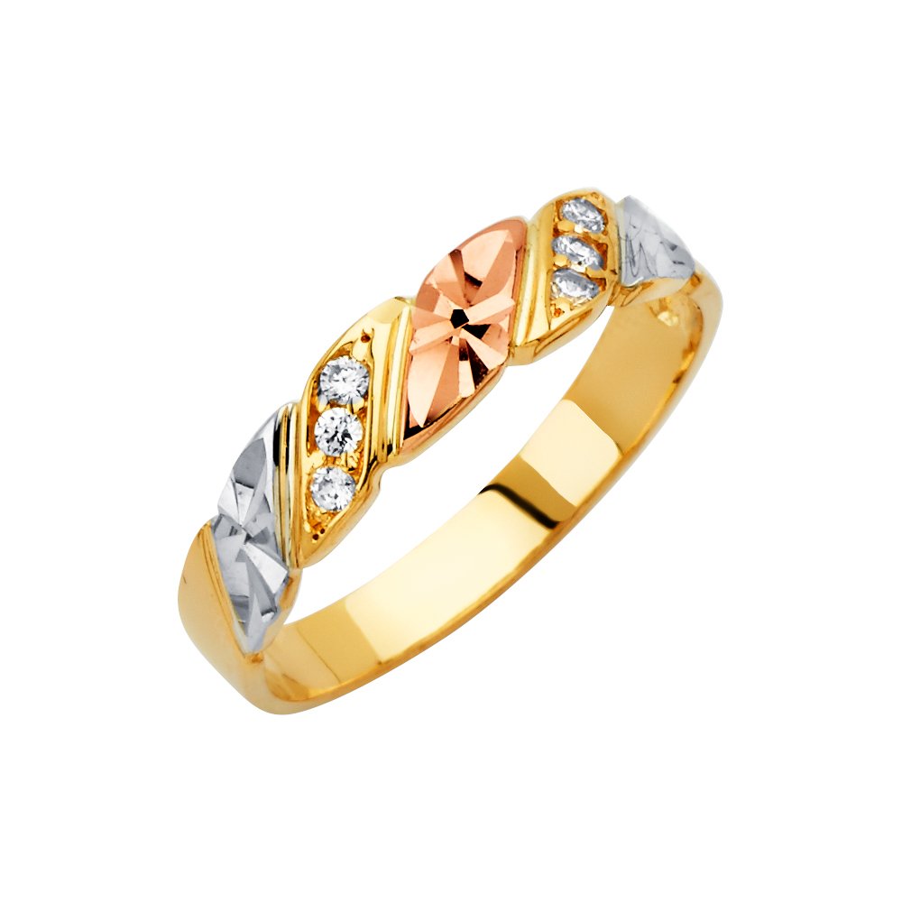14K White, Yellow & Rose Gold Men's Cubic Zirconia Wedding Ring - Three-Tone Anniversary Band for Him - Perfect for Engagements, Weddings & Special Occasions