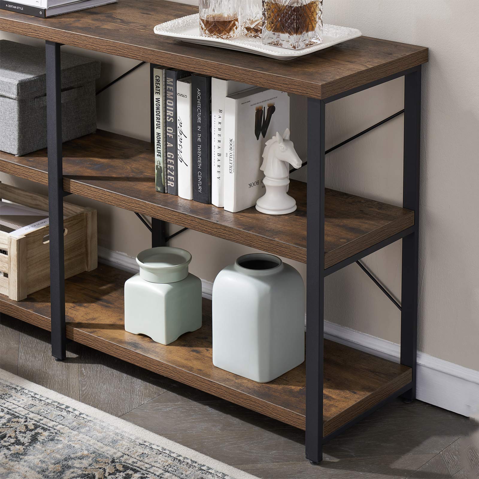 Rustic Industrial Console Table - 47 Inch Long Sofa Table with 3-Tier Storage Shelves, Entryway Table for Living Room & Hallway - GRELO HOME Farmhouse Brown Furniture for Home Decor & Small Space Organization