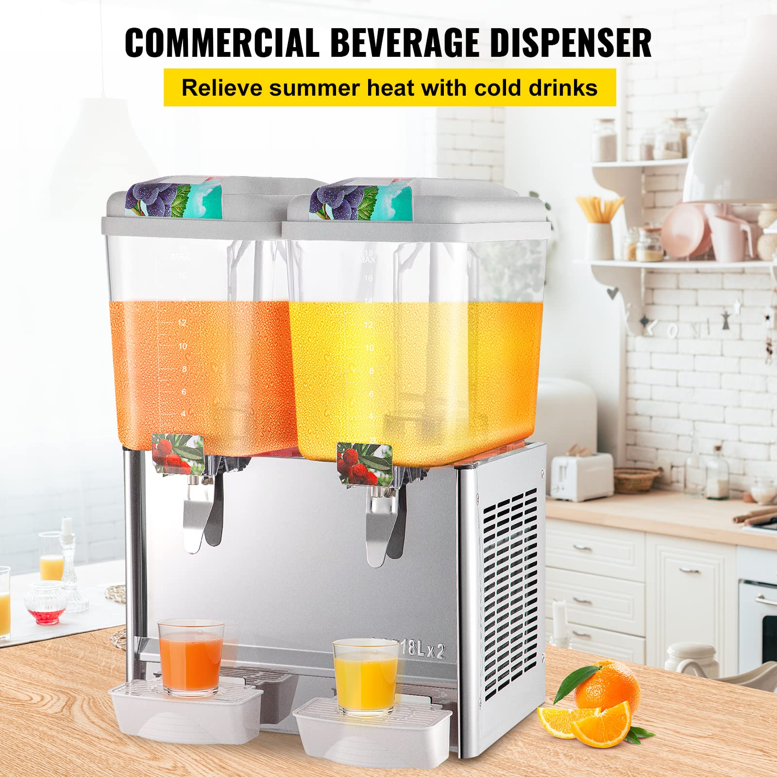VEVOR 110V Commercial Beverage Dispenser - 9.5 Gallon (36L) Dual Tank Juice Dispenser with Thermostat Control - 18L Per Tank, 300W Stainless Steel Food Grade Drink Dispenser for Iced Tea, Lemonade & Party Drinks - Perfect for Restaurants, Cafes & Catering Events