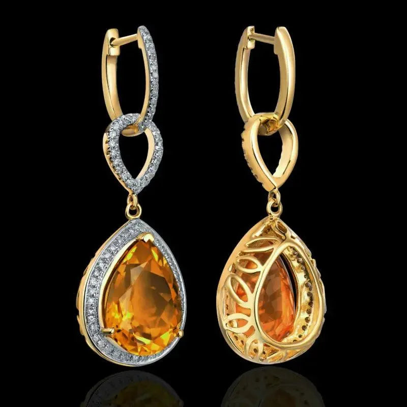 14KT Yellow Gold Natural Citrine Diamond Drop Earrings for Women - Elegant Dangle Earrings for Anniversary, Birthday & Special Occasions
