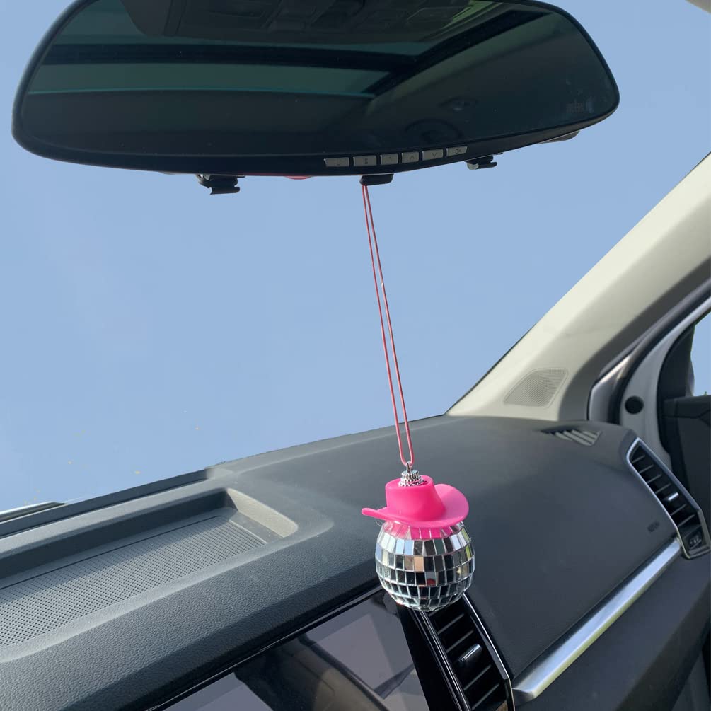 Pink Cowboy Hat Disco Ball Car Mirror Pendant - Wild West Bling Accessory for Party & Road Trips