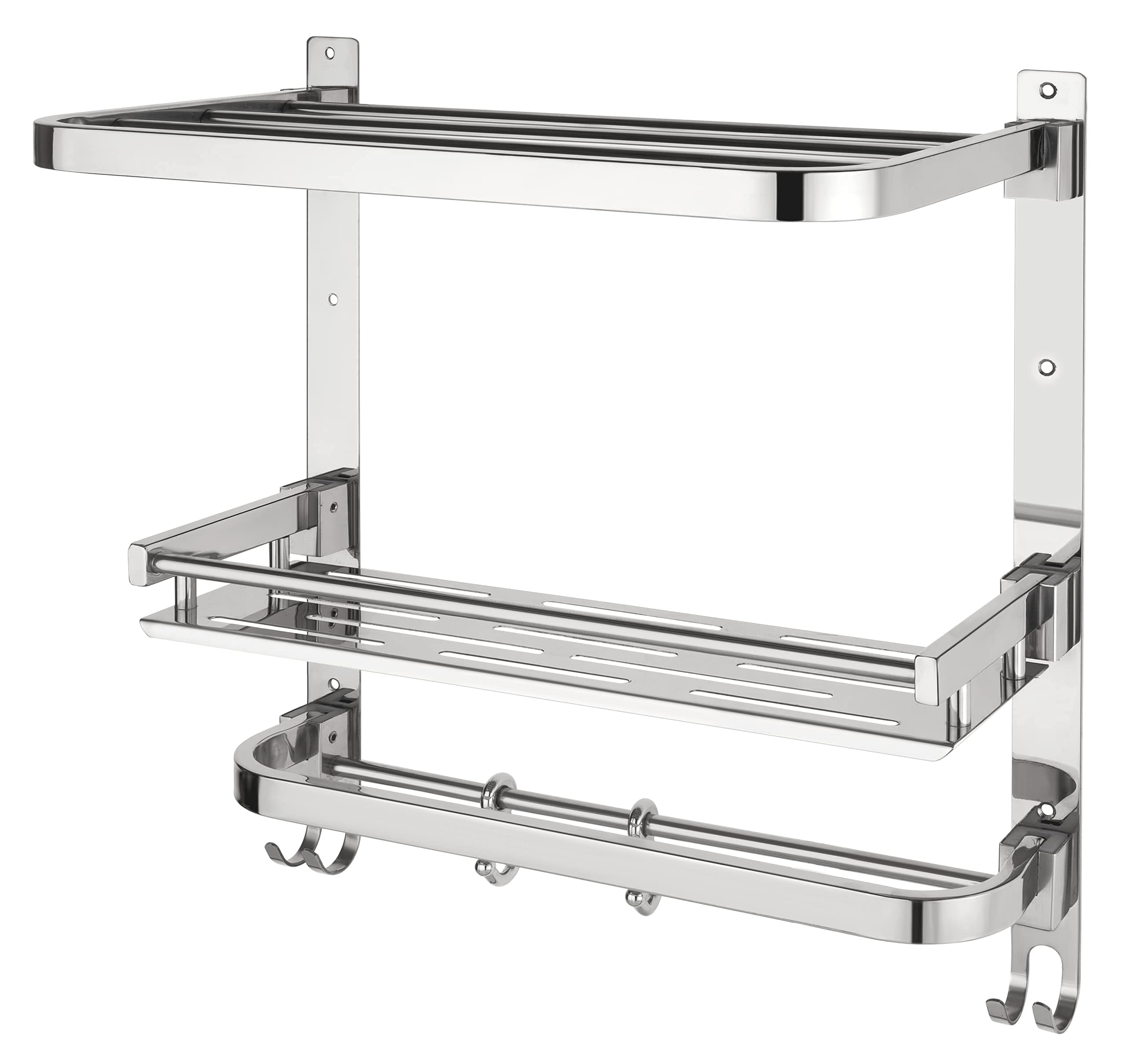 Plantex 3-Tier Chrome Folding Bathroom Wall Shelf - 304 Stainless Steel Bathroom Organizer with Hooks & Towel Rod - Space Saving Storage for Towels, Toiletries & Shower Essentials - Perfect for Small Bathrooms, Apartments & RVs