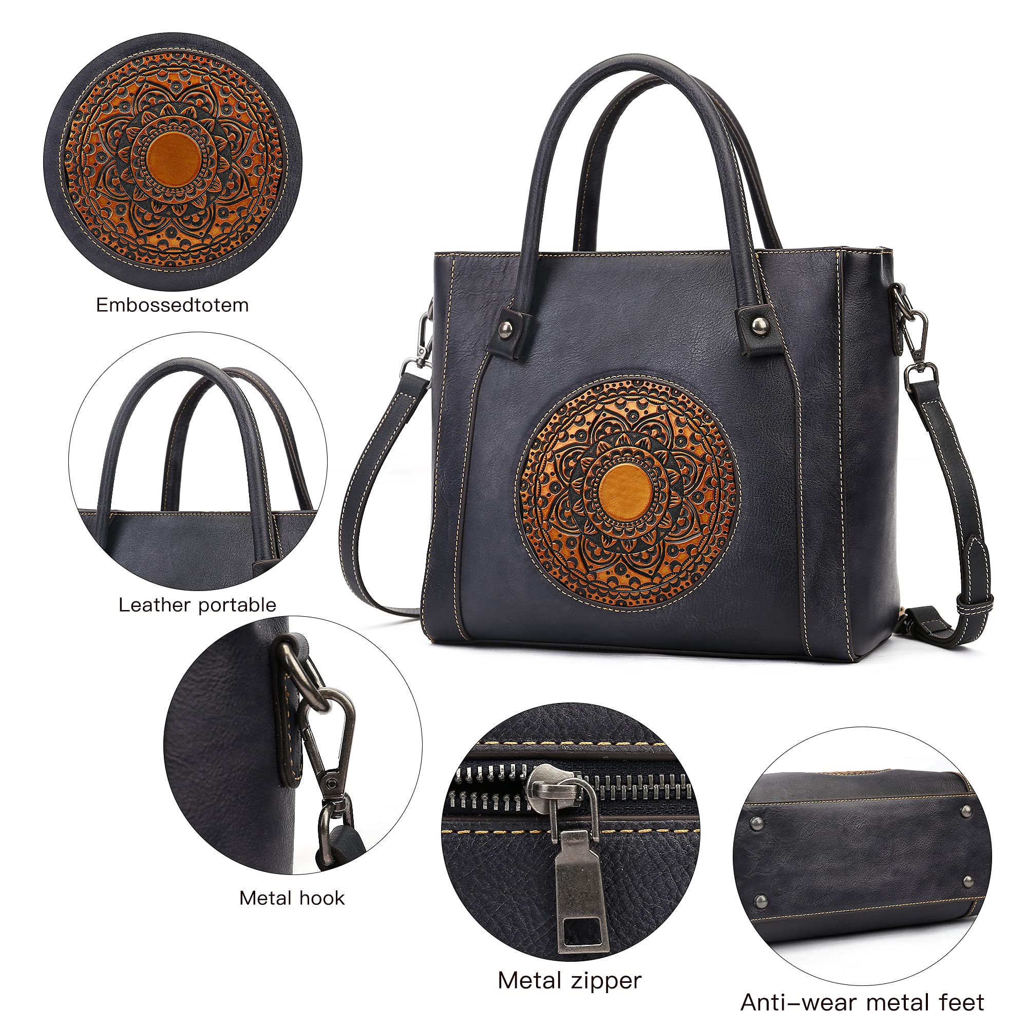Genuine Leather Handbag for Women - Retro Embossed Mandala Designer Purse, Handmade Italian Leather Tote Bag with Organizer | Perfect for Work, Travel & Everyday Use