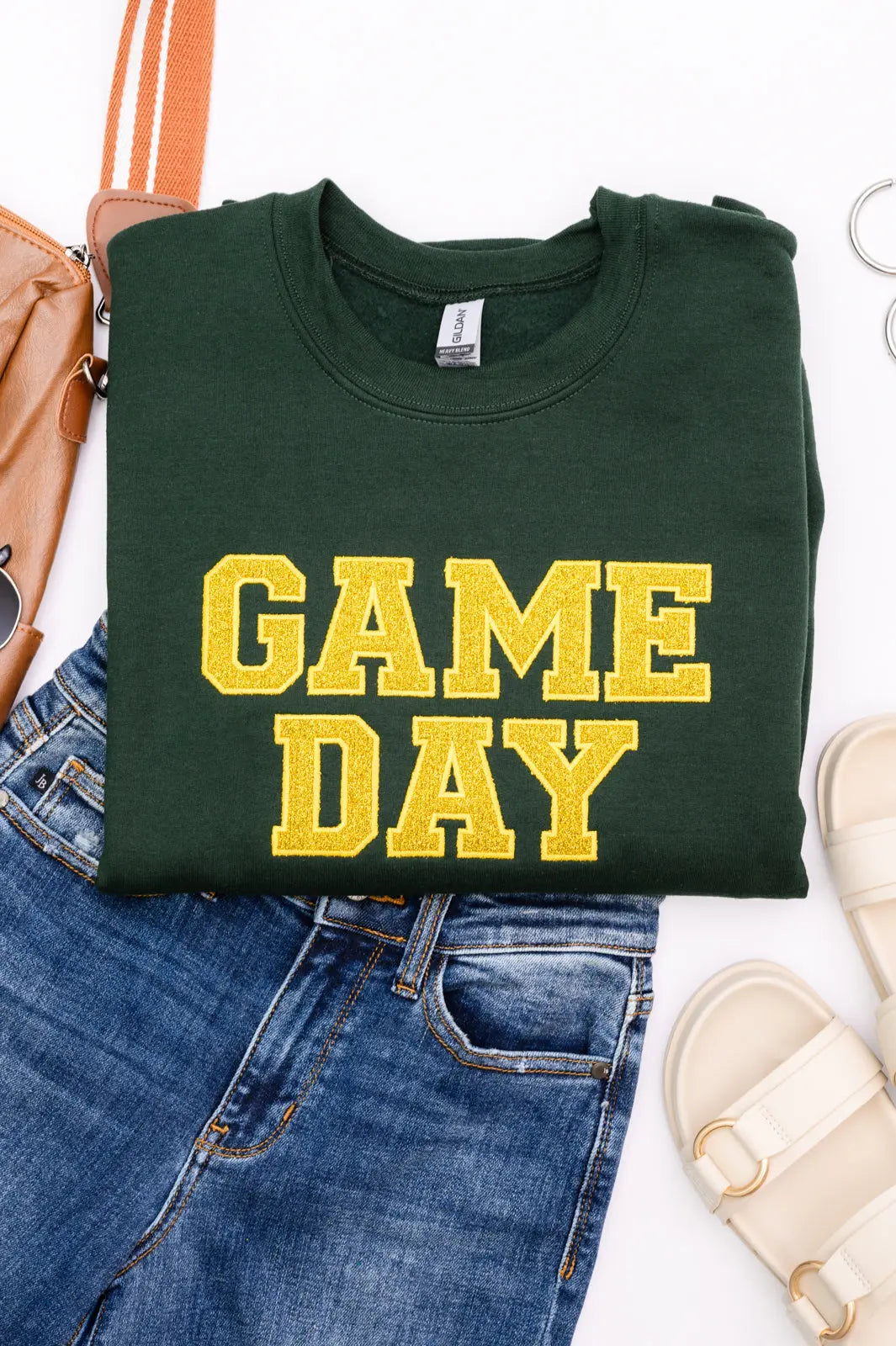 PREORDER: Embroidered Glitter Game Day Sweatshirt - Forest Green & Golden Yellow - Perfect for Football Tailgates, College Parties & Sports Fan Apparel