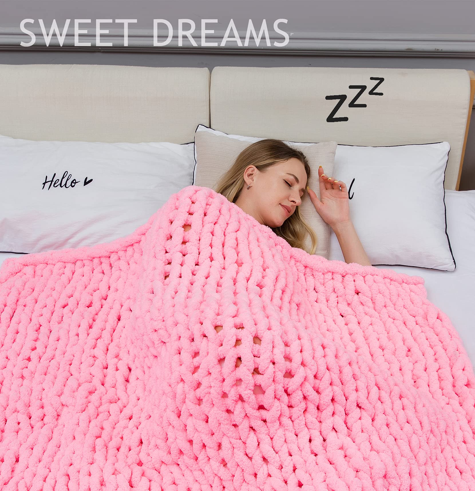 Alzoear Chunky Knit Throw Blanket - Chenille Handmade Cozy Warm Blanket for Sofa, Bed, Couch & Home Decor - Soft Luxurious 50x60 Inch Blanket for Winter, Gift Giving & Cozy Evenings (Bright Pink)