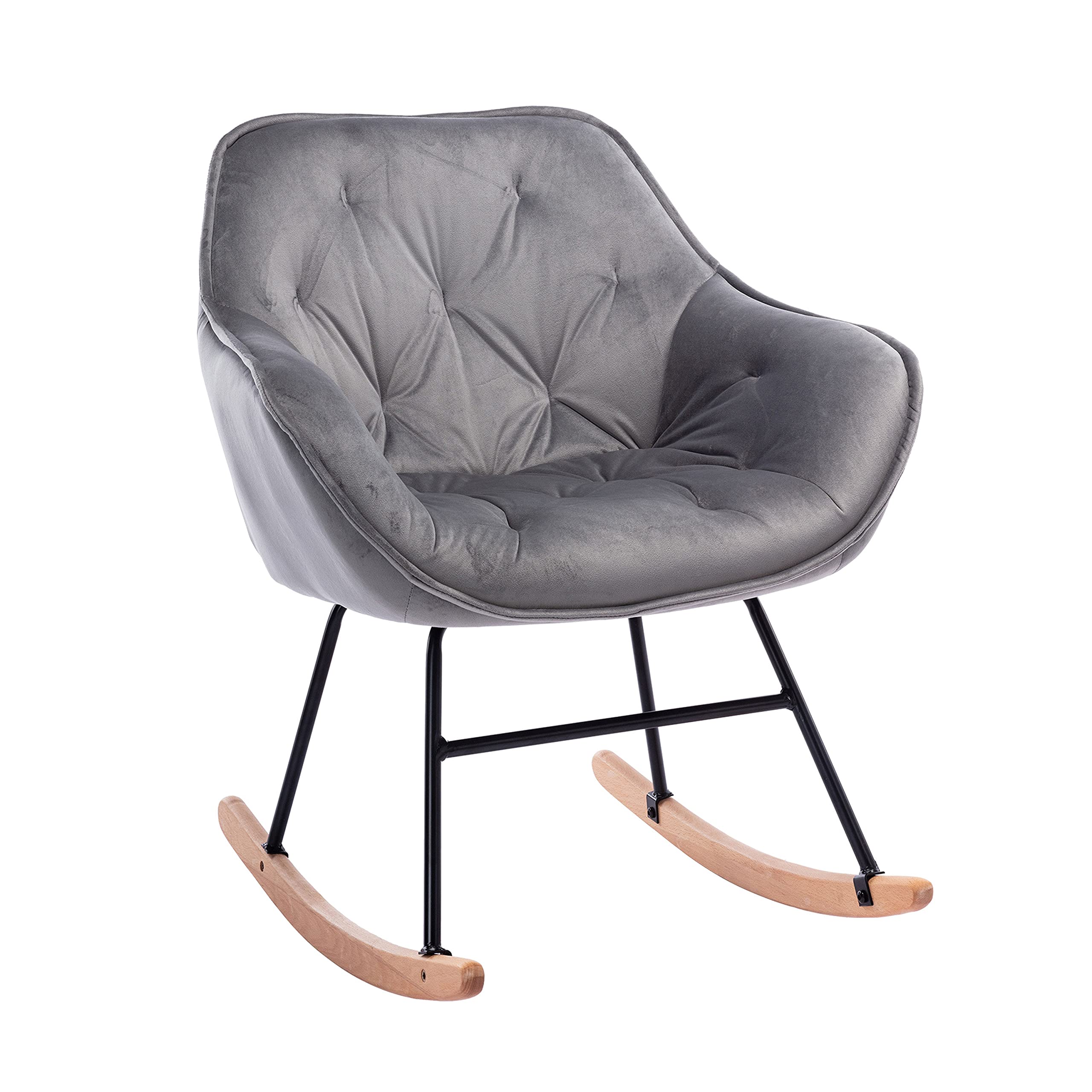 Velvet Upholstered Mid-Century Modern Rocking Chair - Comfortable Accent Armchair for Living Room, Nursery & Bedroom - Grey Single Sofa for Relaxing & Nursing