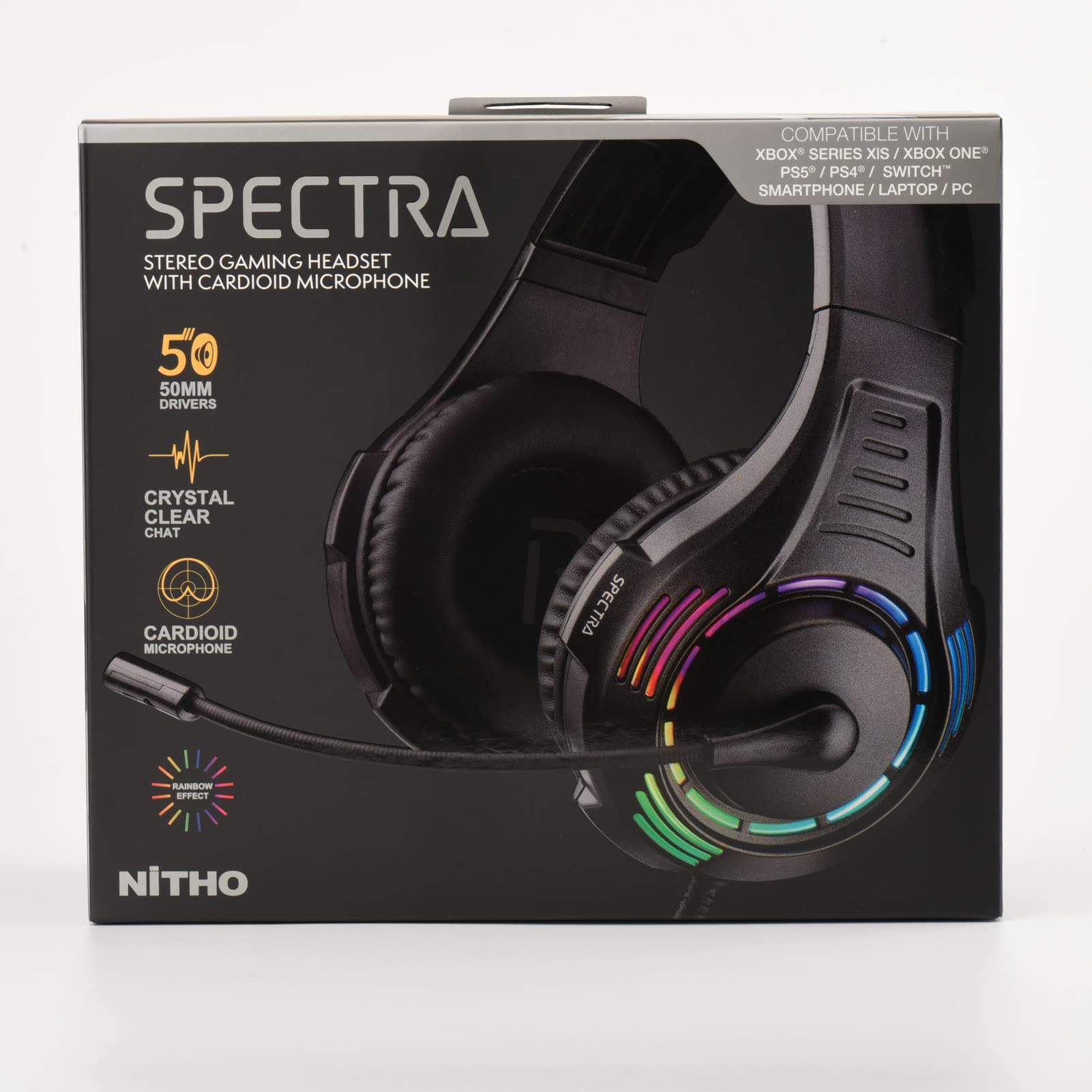 NITHO Spectra Over-Ear Gaming Headset with Flip-Up Mic & RGB Lights for PC, PS4, PS5, Xbox One, Xbox Series X/S, Tablet & Mobile - Black | Perfect for Competitive Gaming & Streaming