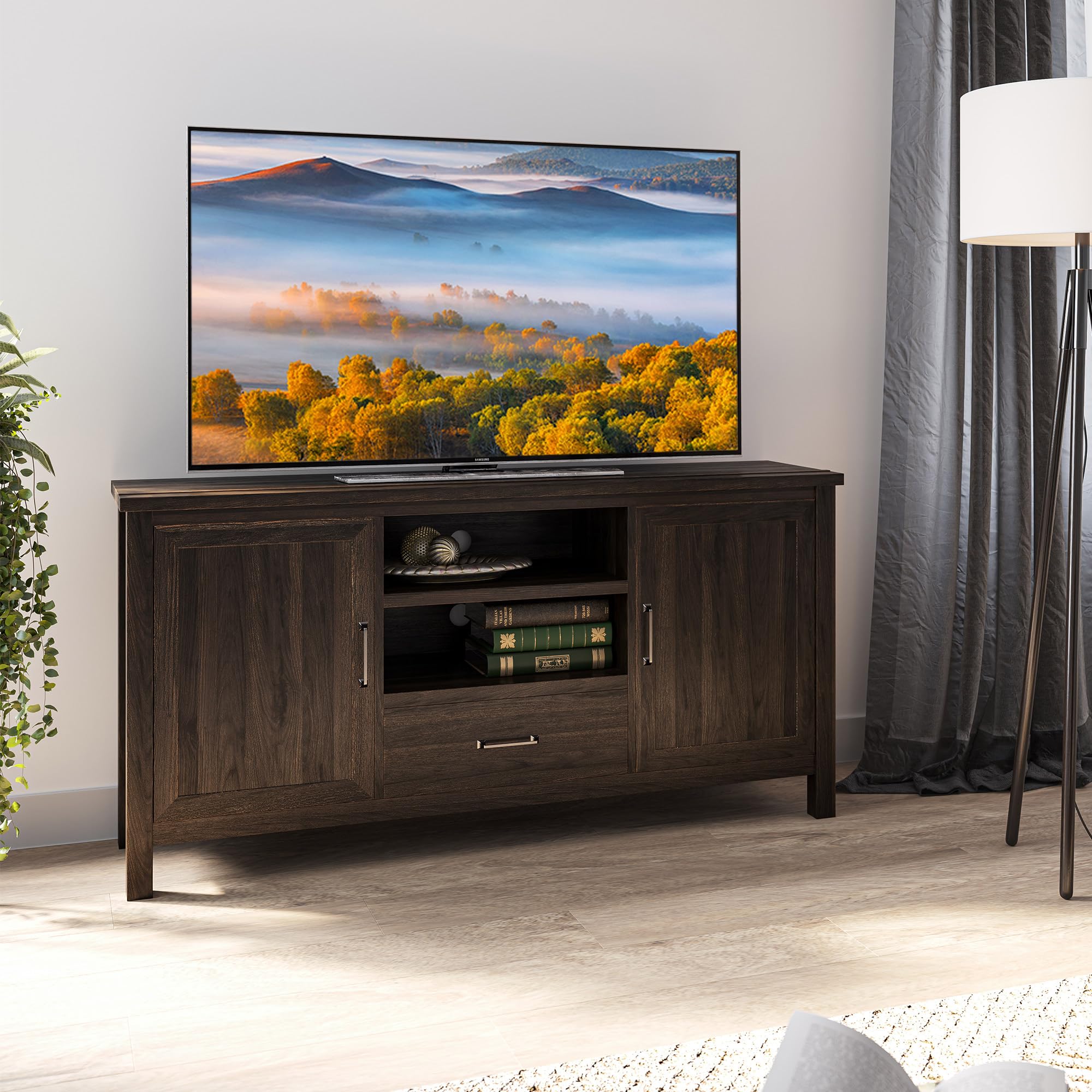 BELLEZE 60 Inch Modern Farmhouse TV Stand Entertainment Center for 65 Inch TVs, Dark Walnut Buffet Storage Cabinet with Shelves - Perfect for Living Room, Bedroom & Home Theater Setup