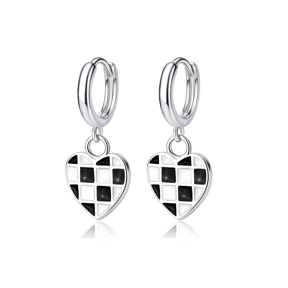 Stylish Black and White Hoop Earrings for Women & Girls - Plaid Heart Dangle Drop Earrings, Fashion Statement Stud Jewelry - Perfect Gift for Birthday, Party, Wedding & Daily Wear