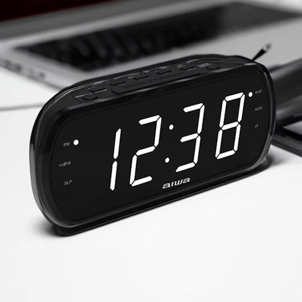 Aiwa Dual Alarm Clock Radio with Large LED Display & Backup Battery - Digital AM/FM Alarm Clock for Bedroom, Home, Office - Easy to Use with Snooze & Sleep Timer (Black)