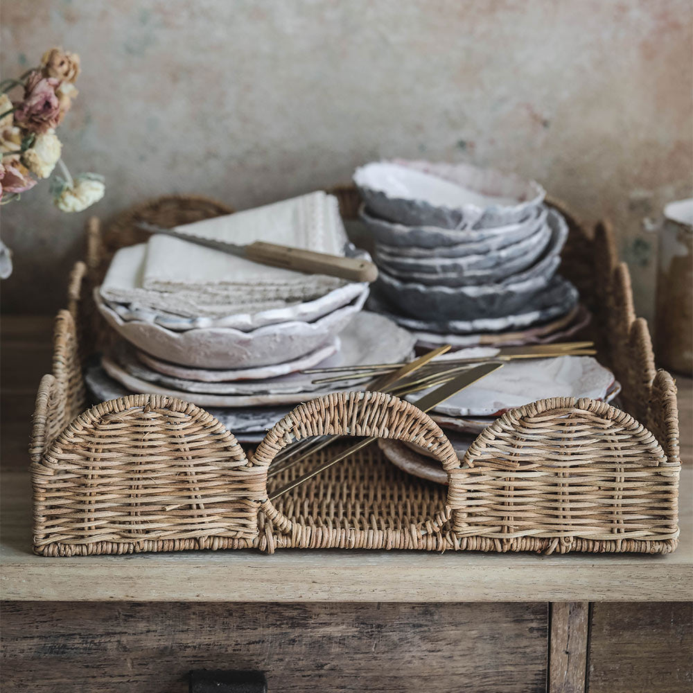 Elegant Sanders Scalloped Rattan Tray – Handwoven Natural Rattan Serving Tray for Coffee Table, Breakfast in Bed, or Home Decor | Perfect for Entertaining, Dining, and Gift Giving