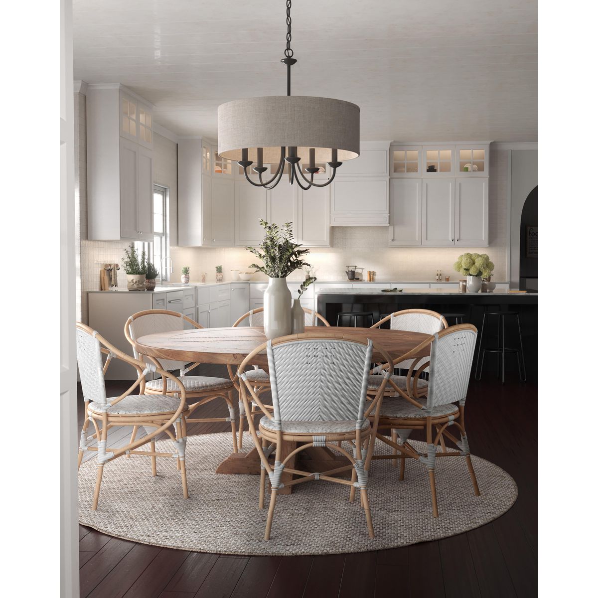 5-Light Drum Shade Chandelier with Harvest Linen Fabric - Modern Farmhouse Ceiling Light Fixture for Dining Room, Living Room & Bedroom