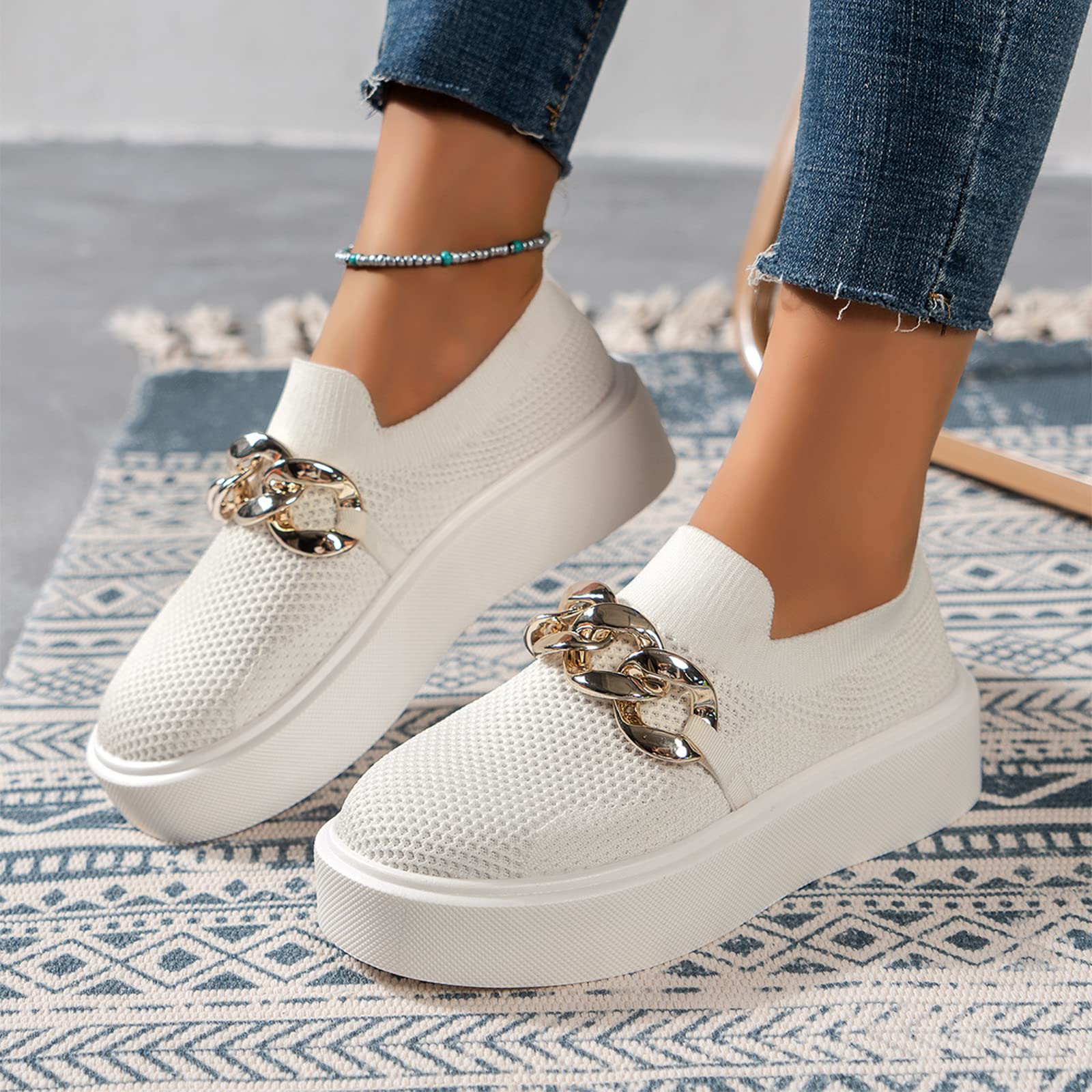 Women's Low Top Metal Chain Slip-On Sneakers - Round Toe Fashion Flat Walking Shoes with Platform for Casual Outings & Daily Wear