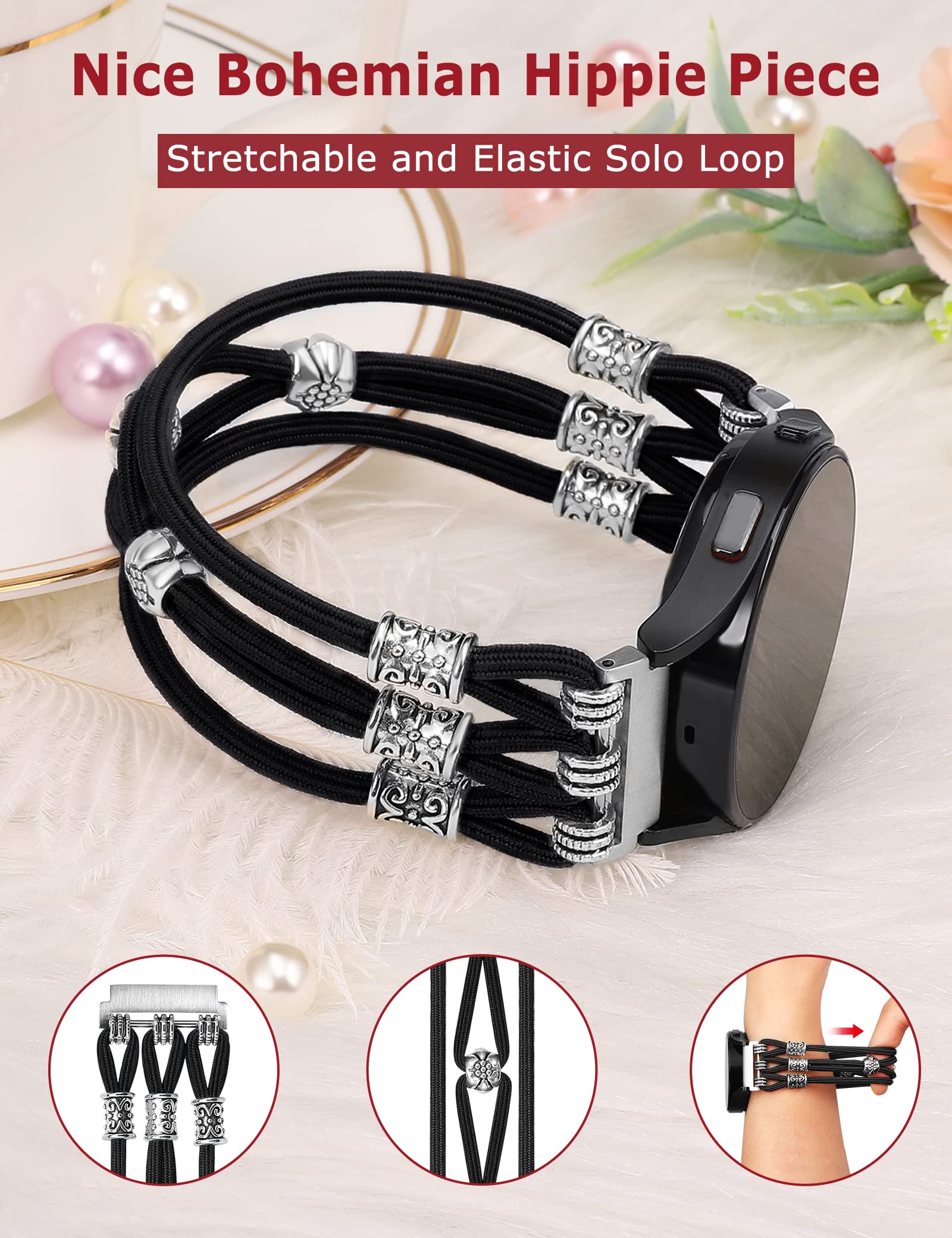 Elastic Beaded Boho Strap for Samsung Galaxy Watch 7/6/5/4 & Active 2 - 20mm Stretchy Solo Loop Watch Band for Women - Black - Perfect for Yoga, Workouts & Casual Wear